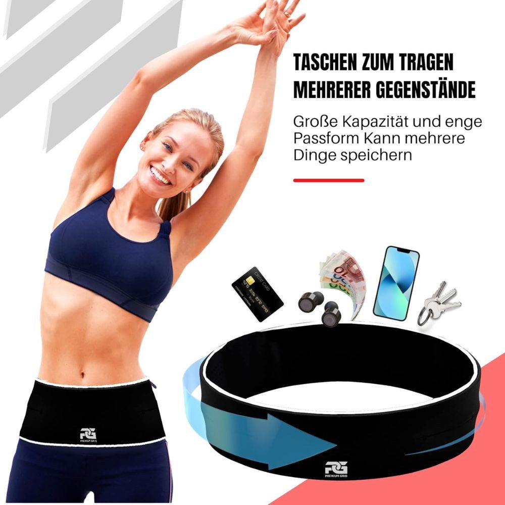 Montegoni Gürteltasche Laufgürtel Wasserdicht Verstellbar Unisex Sport Hüfttasche Joggen (Sport Laufgürtel Set, 1 Sport Laufgürtel), Wasserdicht, Reflektierend, Elastischer Hüftgurt, Mehrere Fächer