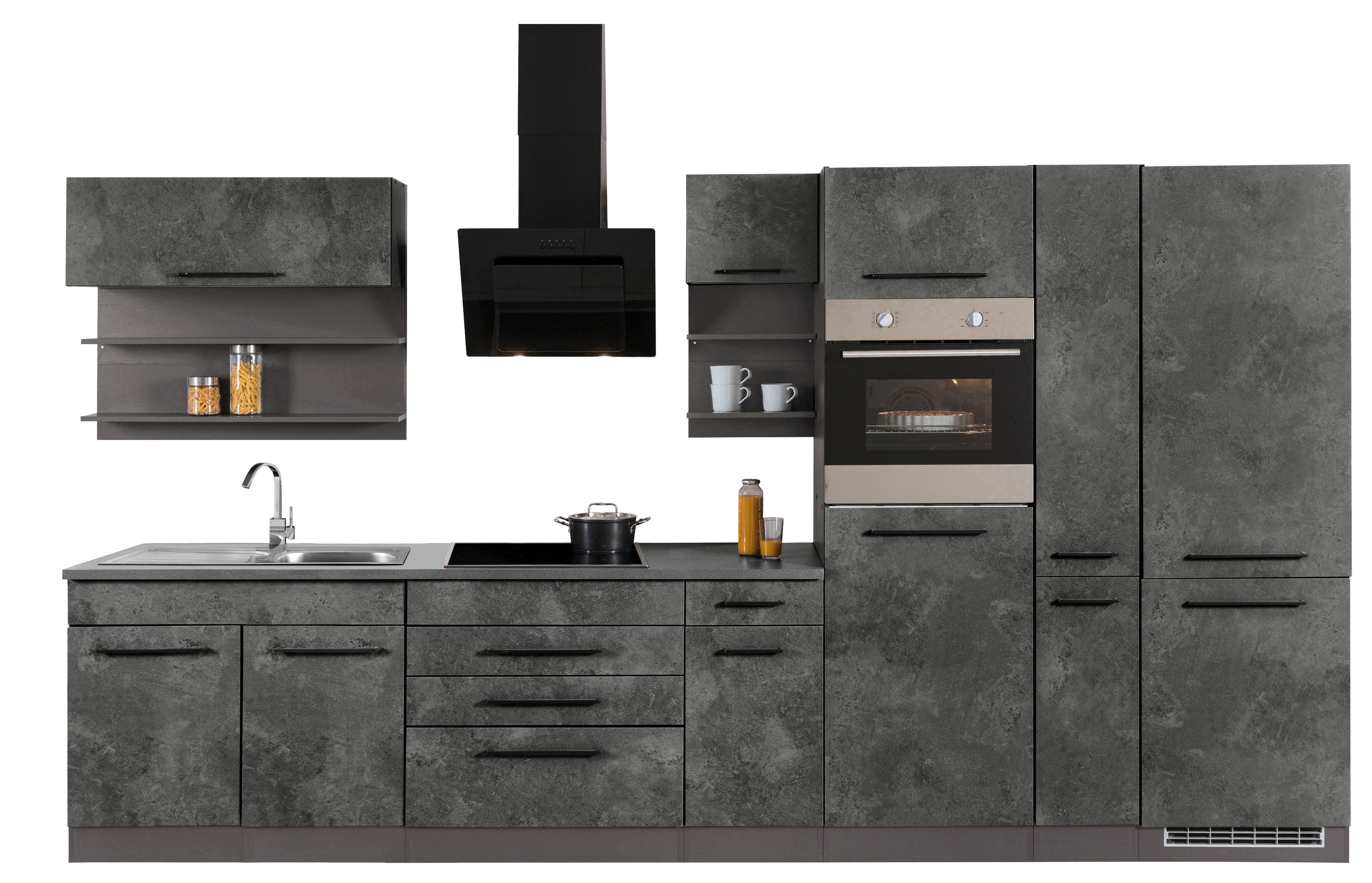 KOCHSTATION Küchenzeile KS-Tulsa, mit E-Geräten, Breite 380 cm, schwarze Metallgriffe, MDF Fronten