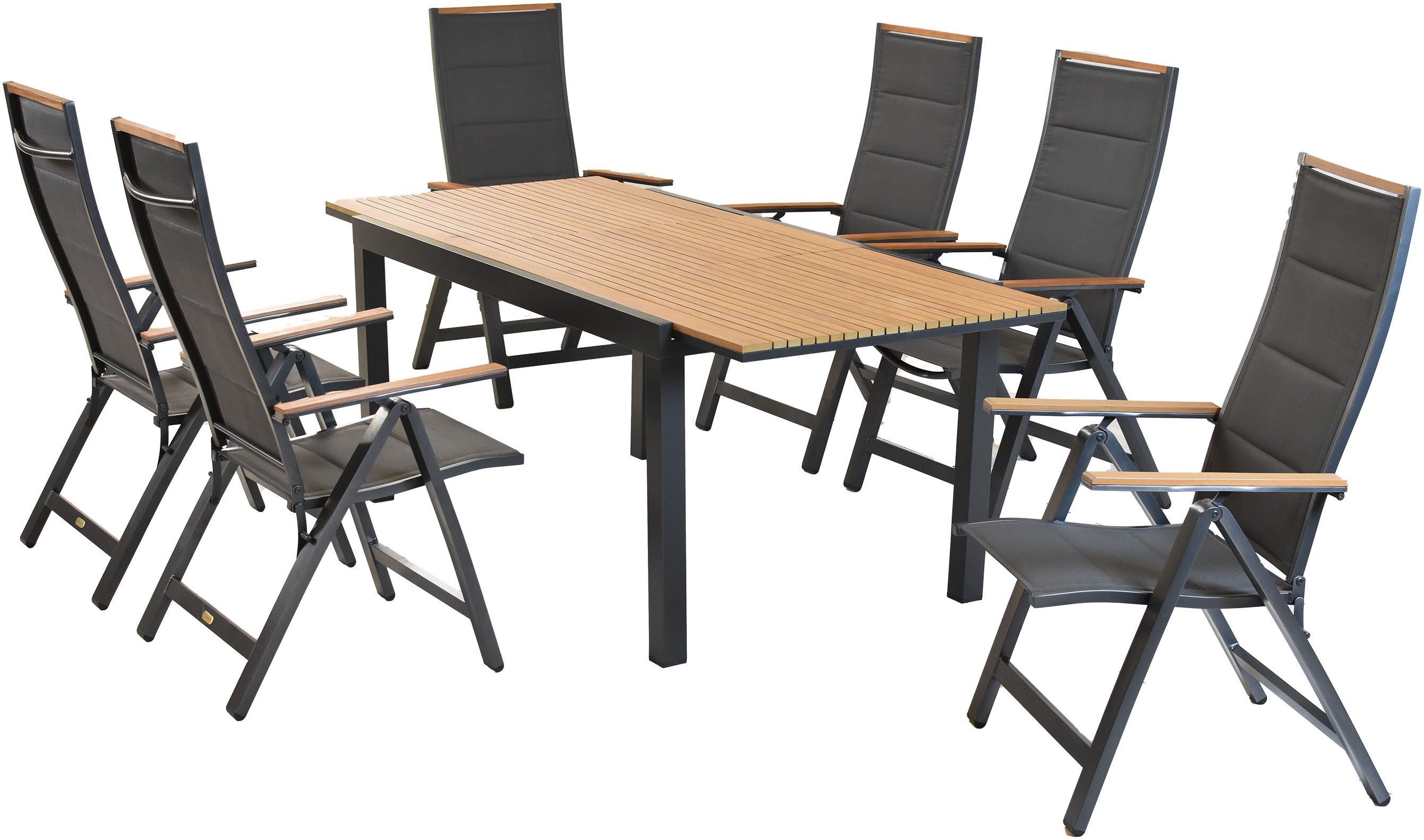 MERXX Garten-Essgruppe »Verona«, (Set, 7-tlg), Armlehnen, Rückenabschluss und Tischplatte aus Kunststoff in Holzoptik