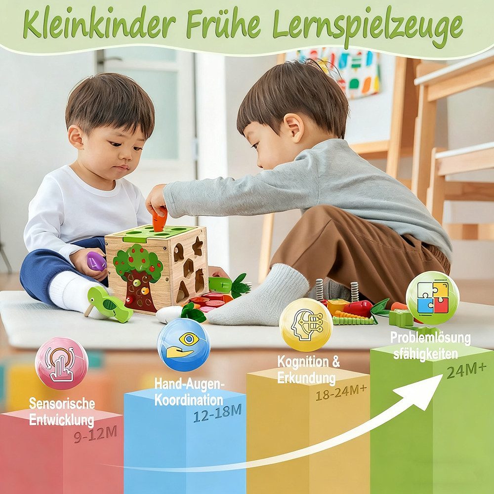 CLTYQ Motorikwürfel 5 in 1 Aktivitätswürfel Spielzeug ab 3 Jahr Geschenk,Motorikspielzeug, (39-tlg), Montessori Lernspielzeug Steckwürfel Holzspielzeug für Kinder