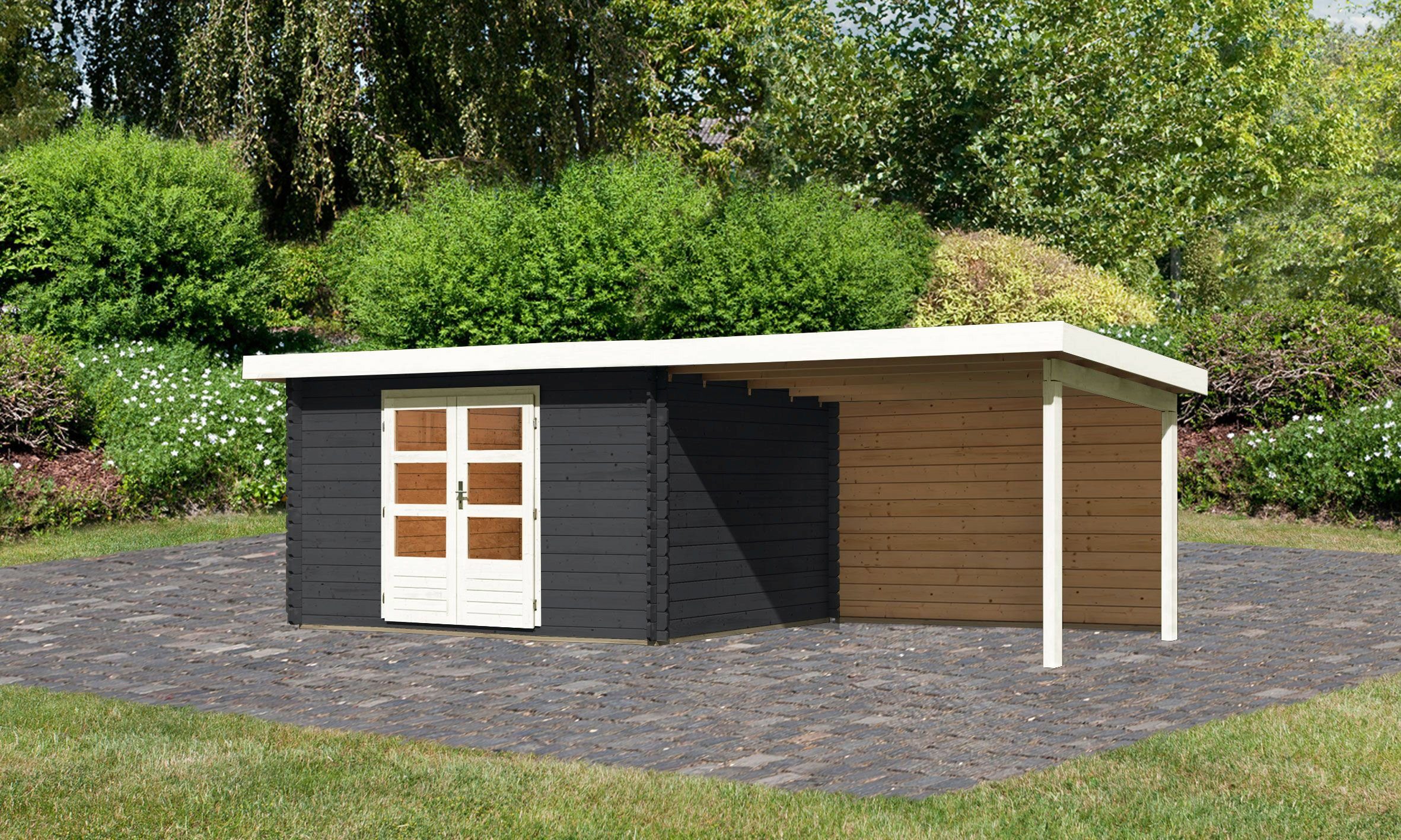 [Spezielle Produkte] Rückwand Gartenhaus 7, KONIFERA Haus (Set), Fußboden BxT: 774x333 mit Schloßsee cm, im und Anbaudach,