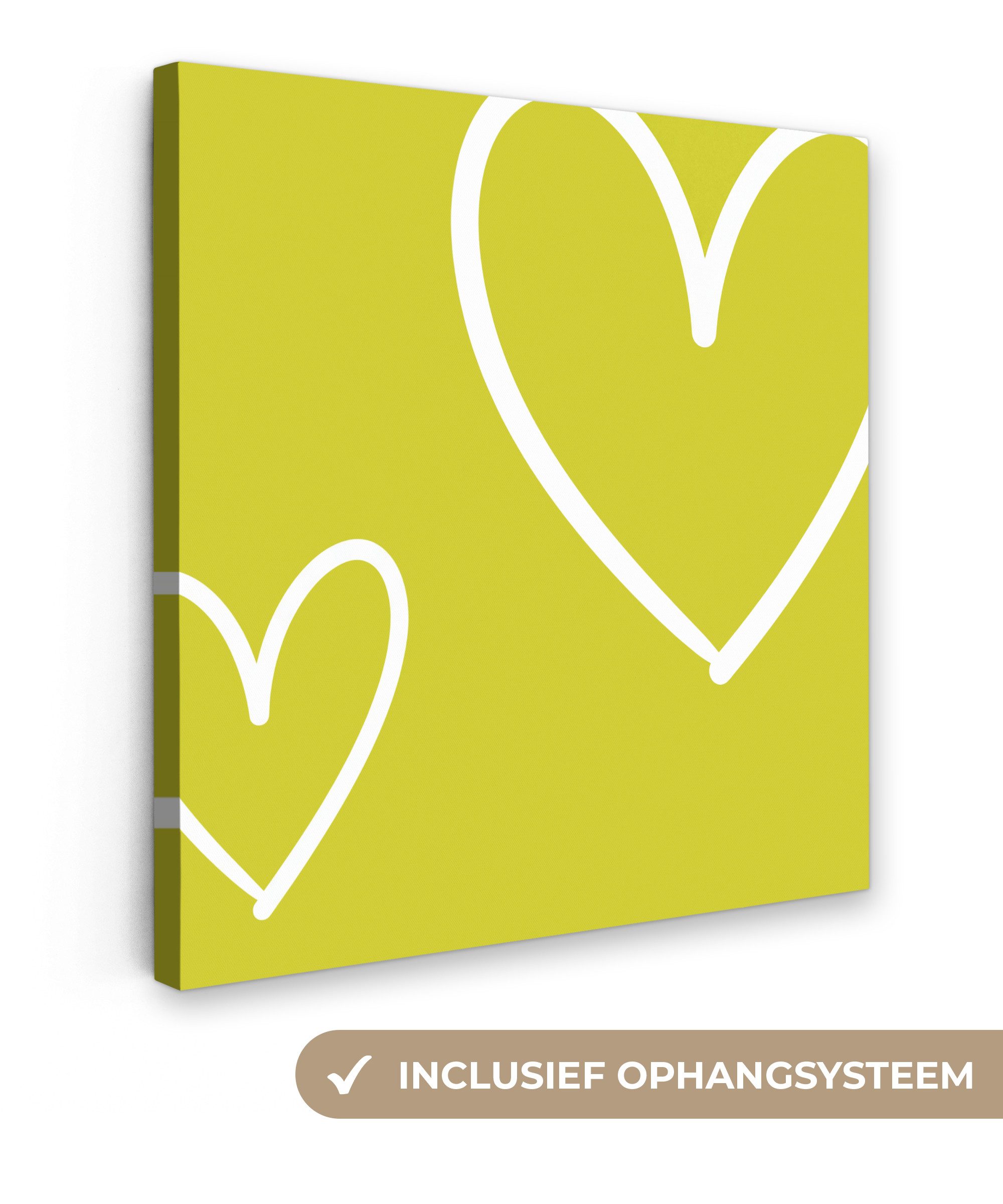 OneMillionCanvasses® Leinwandbild Grün - Herzen - Weiß, Fotodruck (1 St), Wandbild, Deko Schlafzimmer Wohnzimmer Flur 20x20 cm