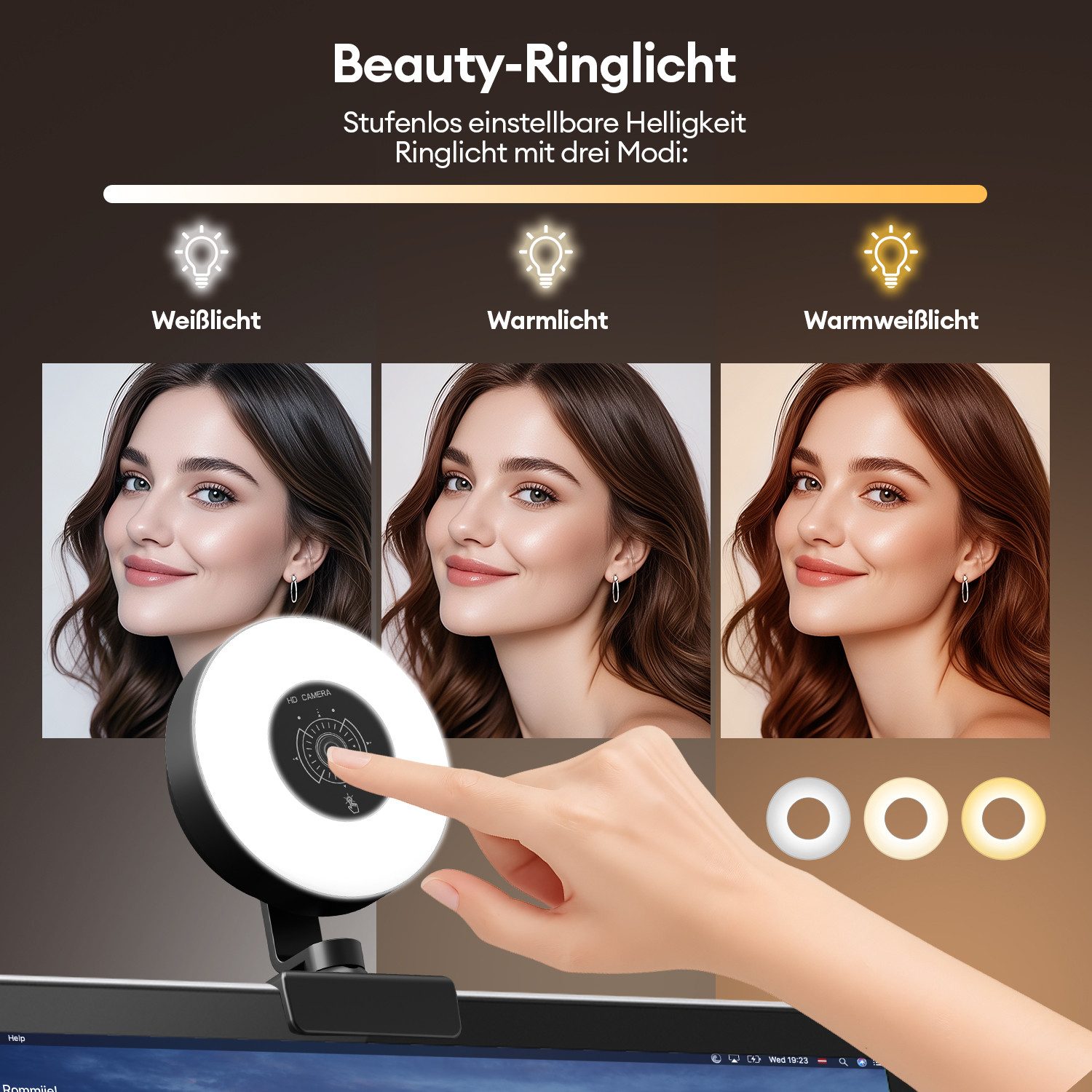 CkeyiN 4K Webcam mit Ringlicht PC Kamera Streaming Kamera 1080P 30FPS Full HD-Webcam (4K Ultra HD, 9x opt. Zoom, Autofokus 3 Lichtsmodi stufenlose Einstellung mit Mikrofon Stativ)