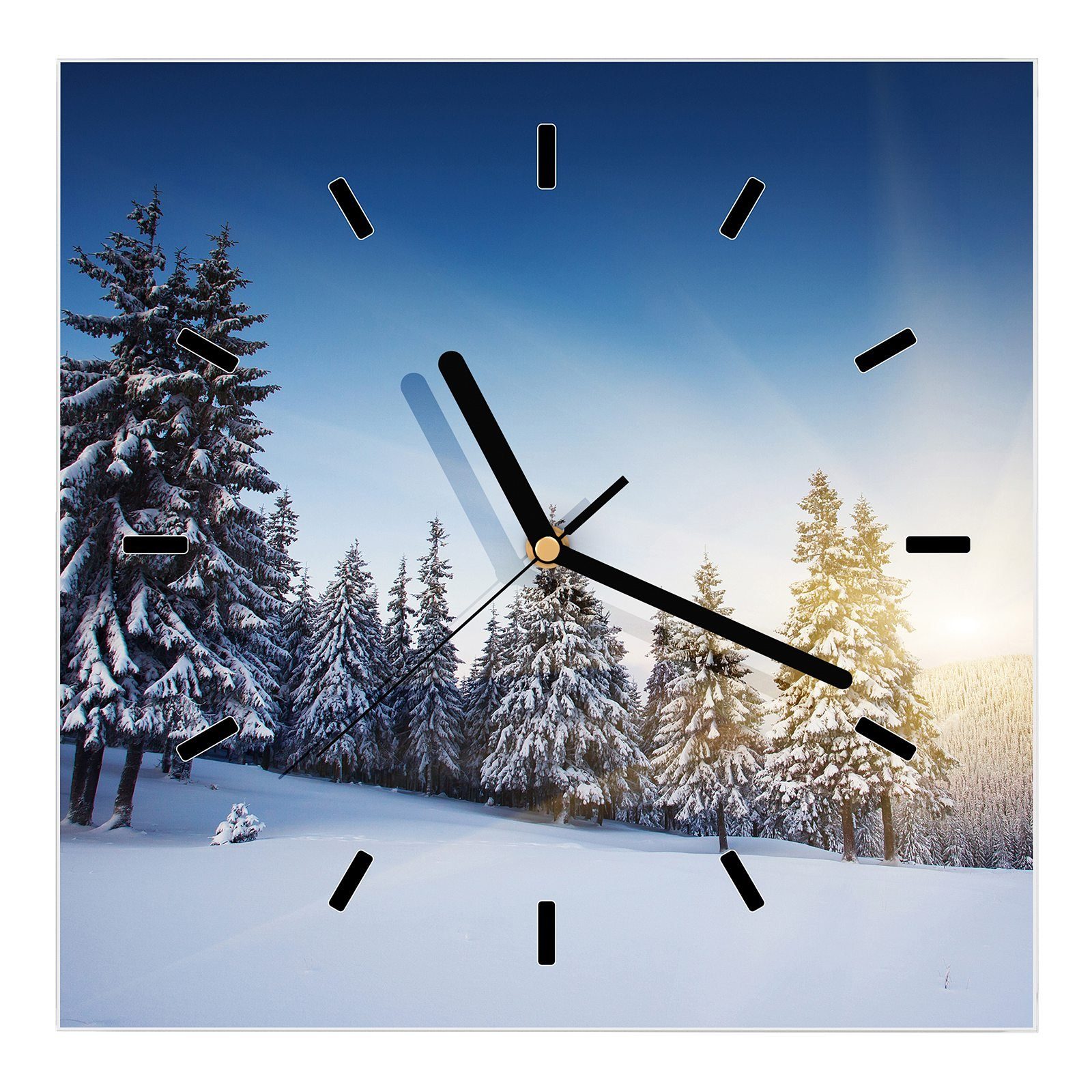 Primedeco Wanduhr Glasuhr Wanduhr cm 30 Schnee im mit Sonnenuntergang Motiv Größe Wandkunst x 30