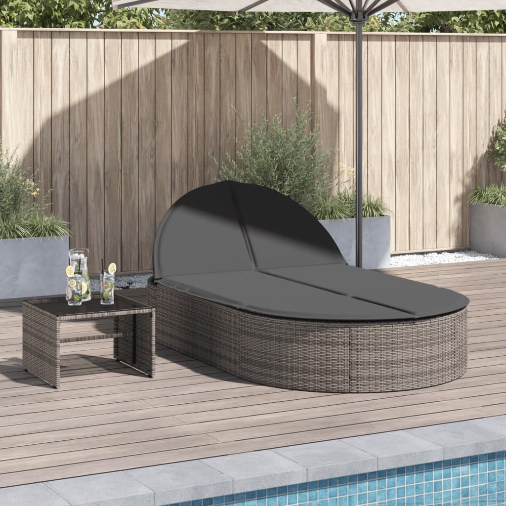 vidaXL Gartenliege Doppel-Sonnenliege mit Kissen Grau Poly Rattan, 1 St.