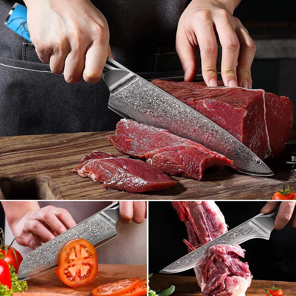KEENZO Messer-Set 3tlg.Damast Küchenmesser Set Filetiermesser (3-tlg) Santoku Chef