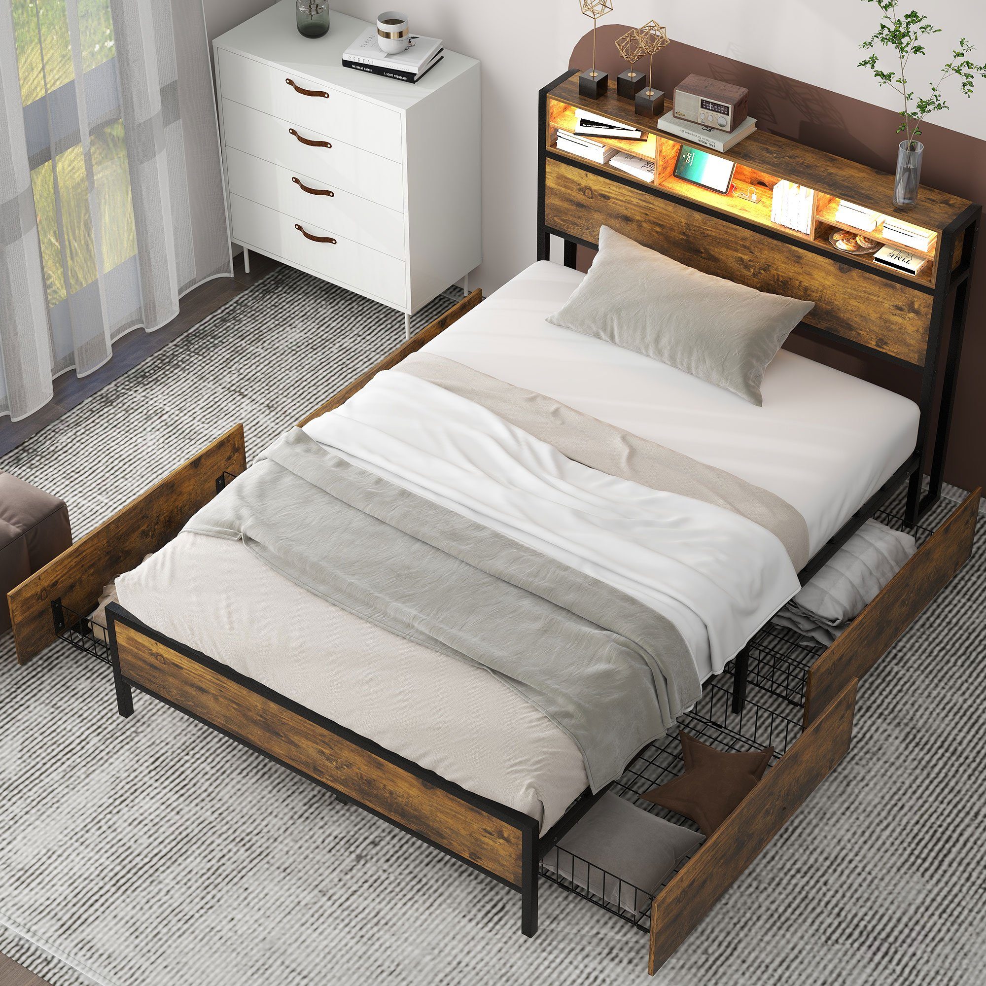 Flieks Holzbett, LED Beleuchtung Doppelbett mit günstig online kaufen