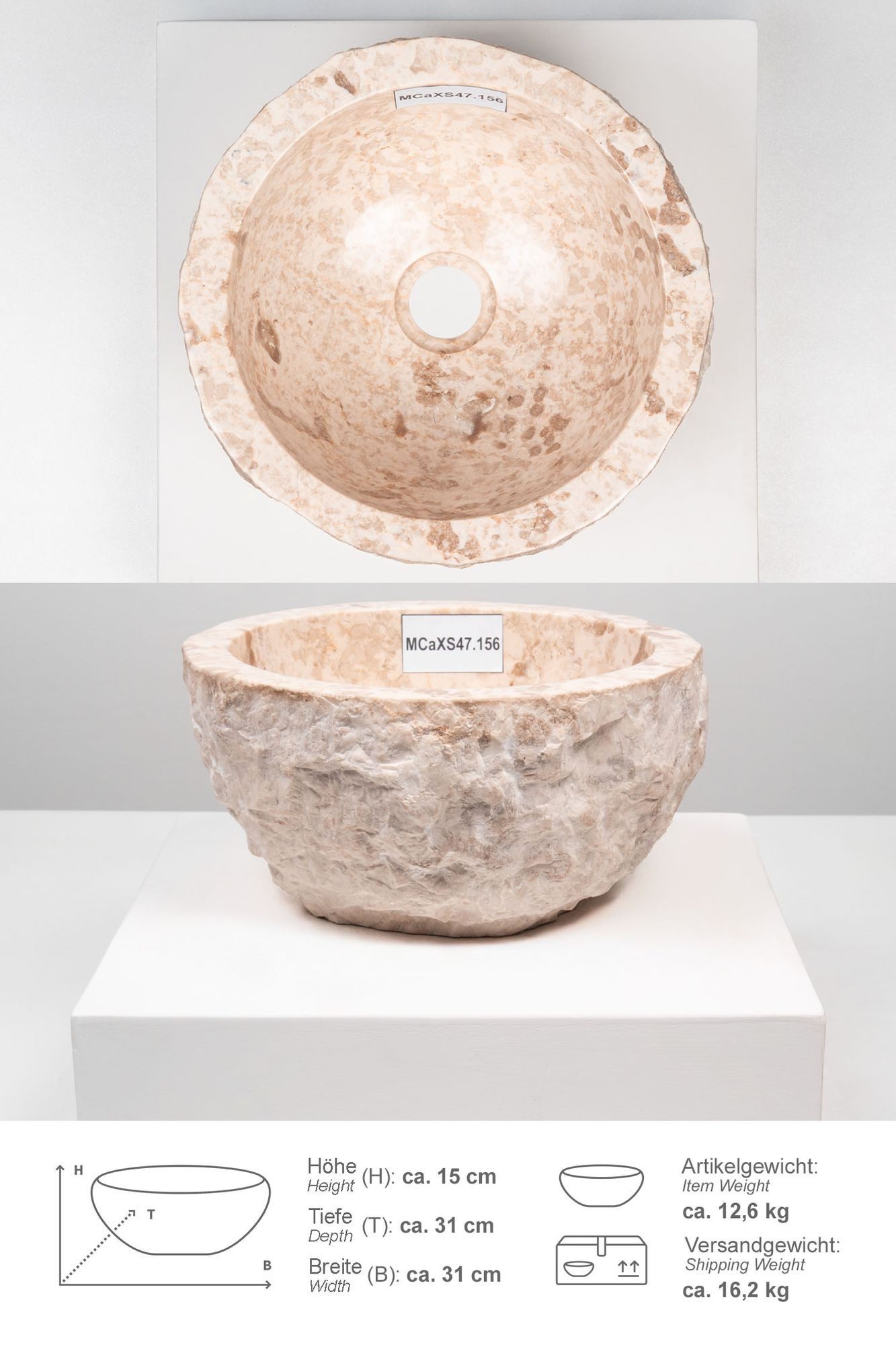 wohnfreuden Aufsatzwaschbecken Erosi Marmor Waschbecken 30 cm creme (Kein Set), 101659_MCaXS47.156