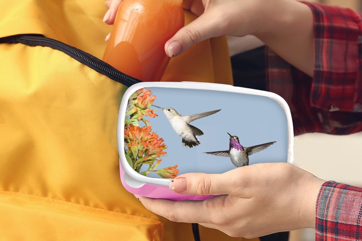 Snackbox, Brotdose Vögel, - Kinder, Lunchbox für Kunststoff MuchoWow Erwachsene, - Brotbox rosa Kunststoff, (2-tlg), Kolibri Mädchen, Blumen
