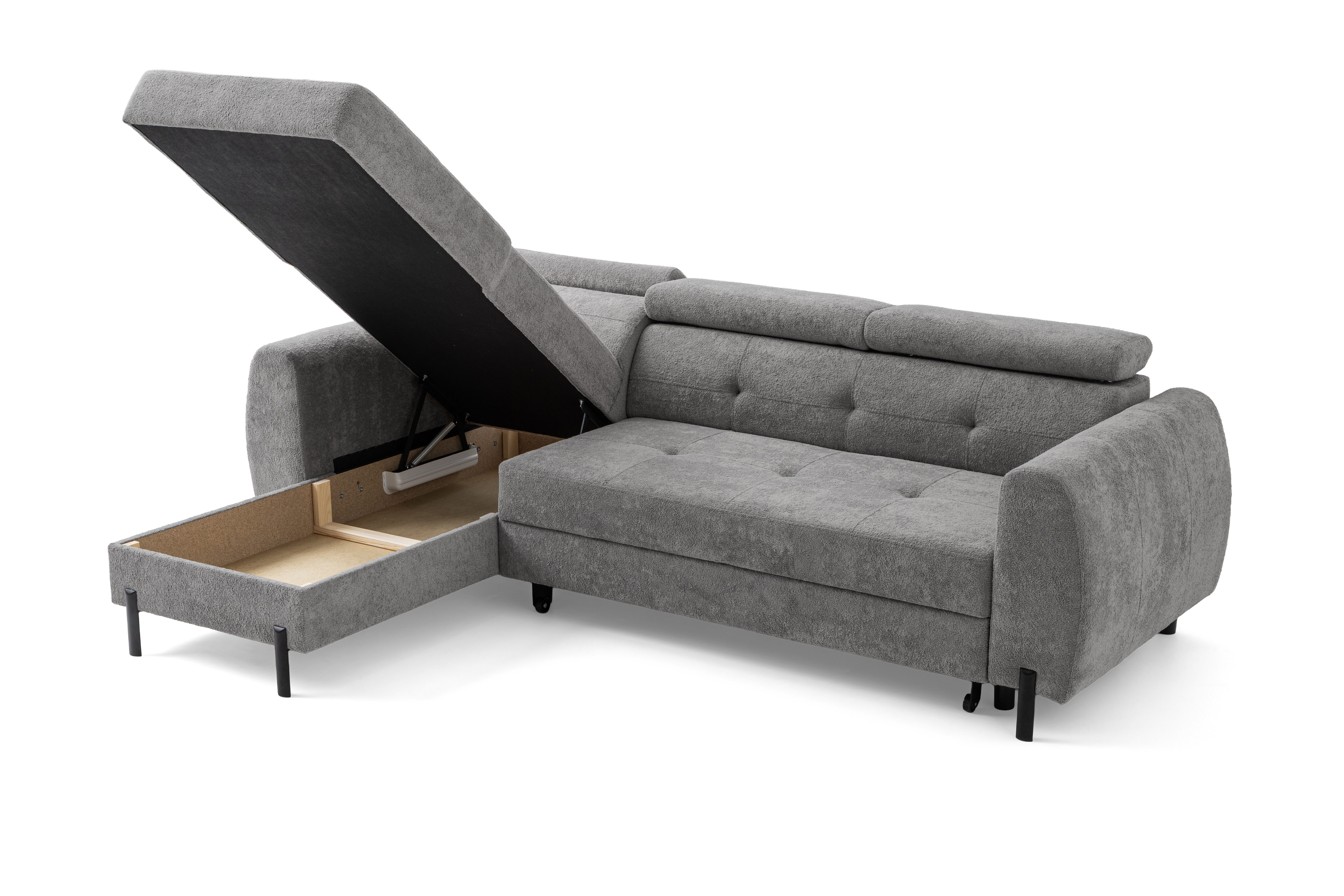 Muffo Ecksofa VALT, Universeller Aufbau, mit verstellbare Kopfstützen, Schlaffunktion mit 130x210 cm Liegefläche, mit Schlaffunktion und verstellbaren Kopfstützen B:45/T:160/H:90 cm