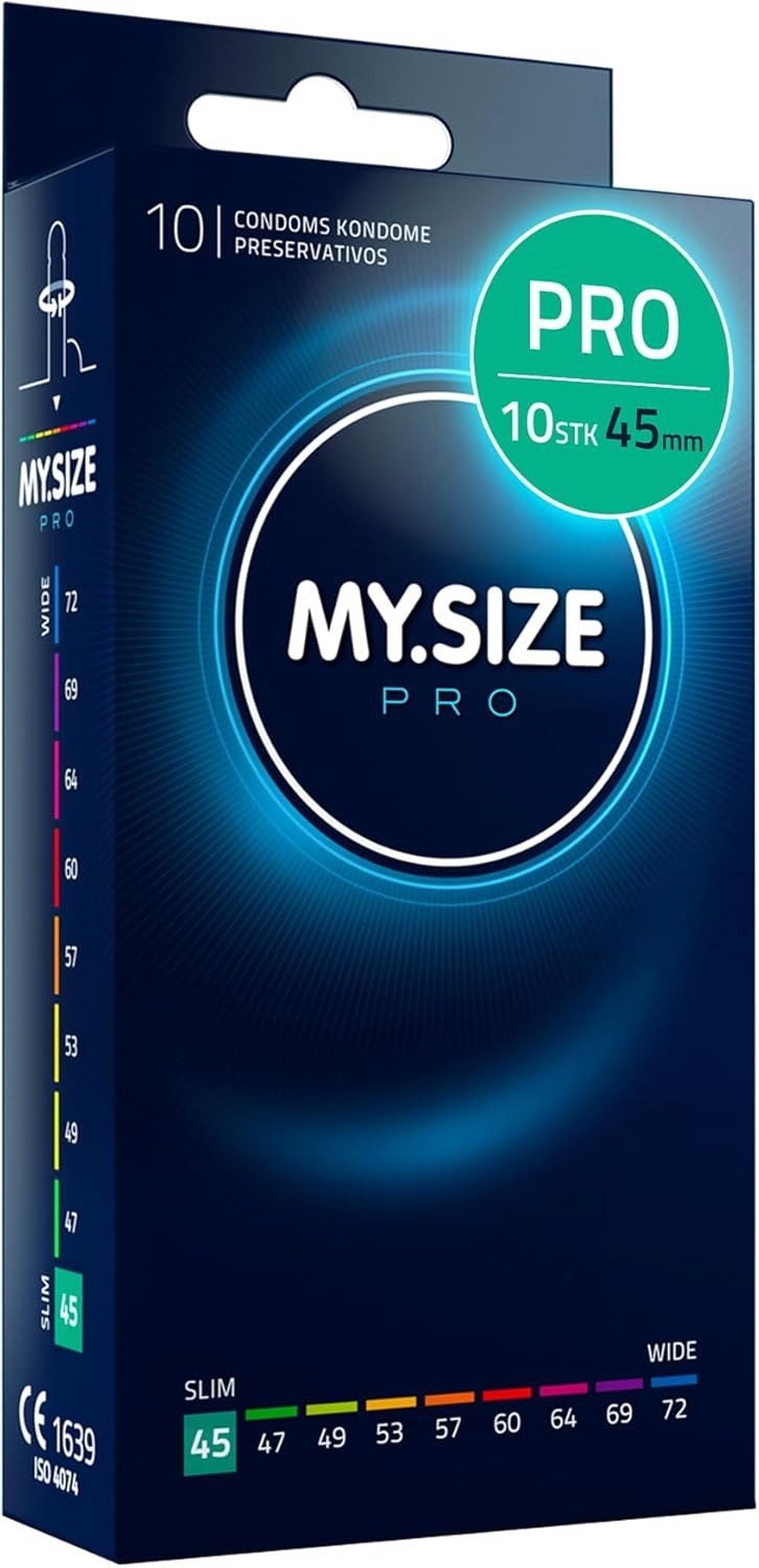 MY.SIZE Kondome PRO ELITE Kondome, 9 Größen, 45-72 mm, Schlank-XXXXL, Extra reines Vytex-Latex, leicht zu öffnen, hauchdünn 0,05mm