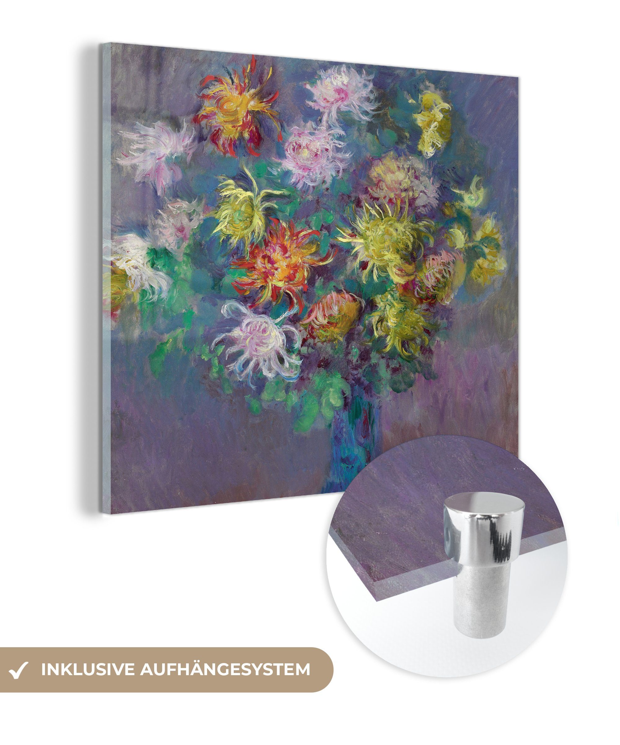 MuchoWow Acrylglasbild Vase mit Chrysanthemen - Claude Monet, (1 St), Glasbilder - Bilder auf Glas Wandbild - Foto auf Glas - Wanddekoration