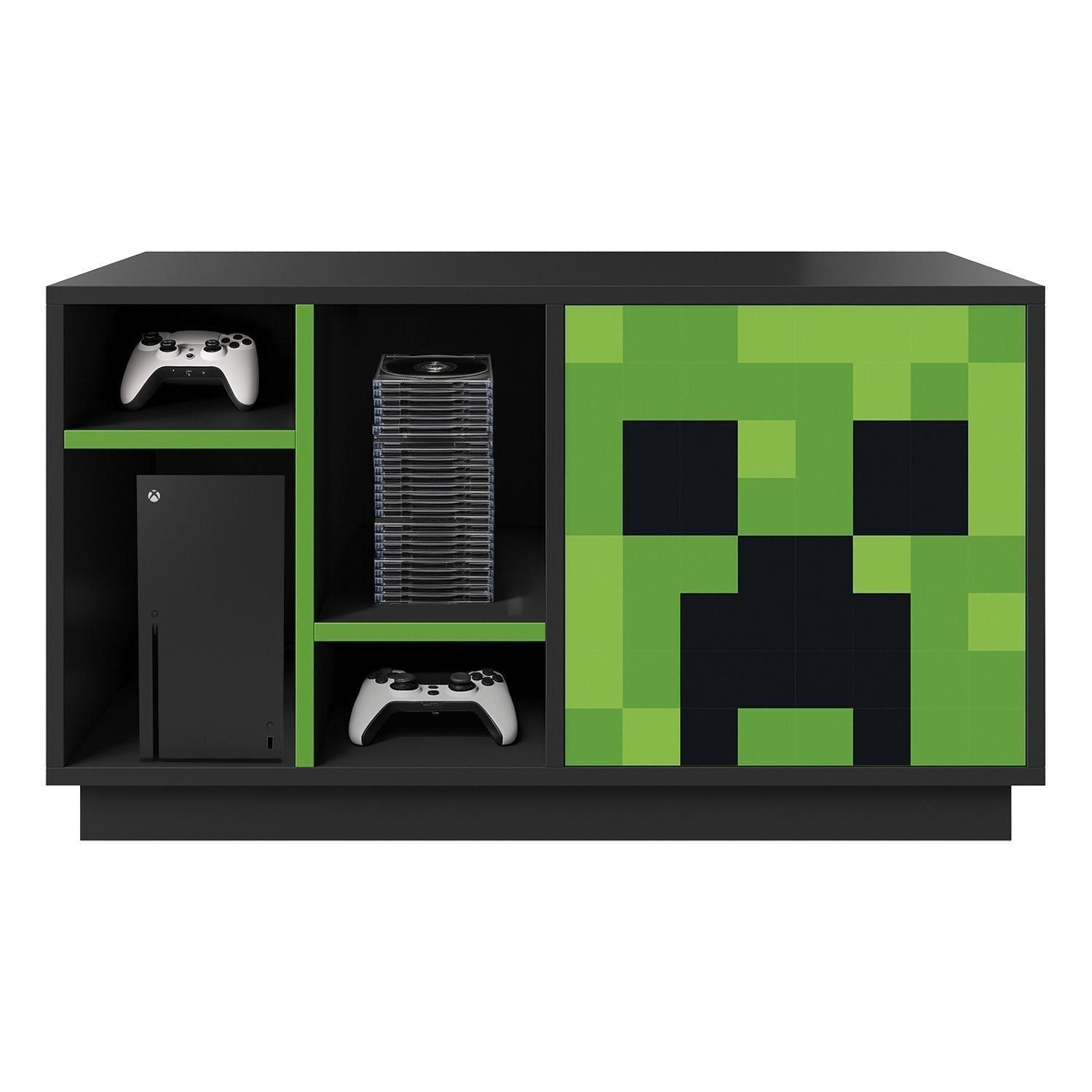 Lowboard MINECRAFT, 1 Glastür, Anthrazit, Grün, LED-Rückwandbeleuchtung, B 108 x H 61 x T 37 cm