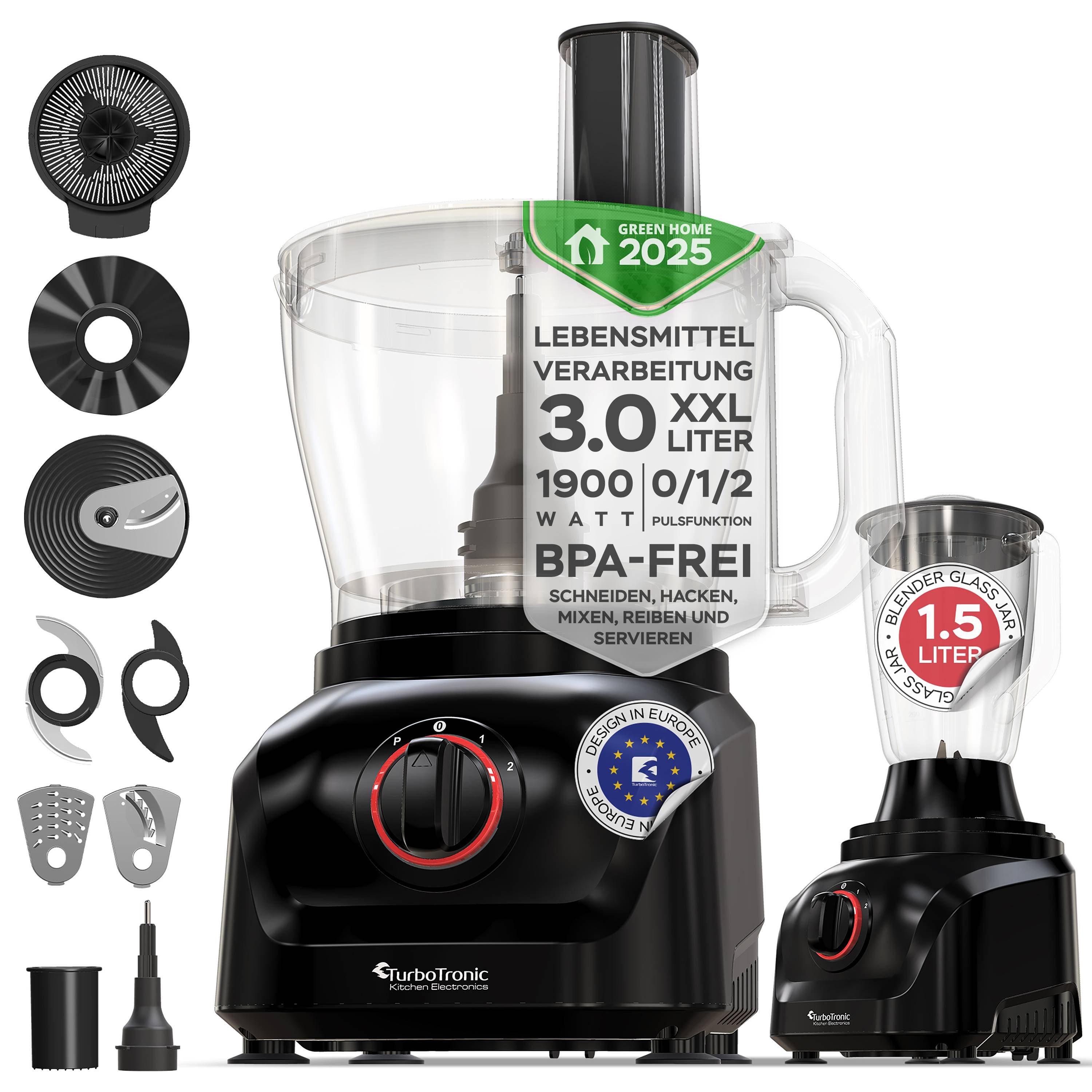 TurboTronic by Z-Line Küchenmaschine Food Processor mit Standmixer 1,5L Glaskaraffe Multizerkleinerer Mixer, 1900 W, 3 l Schüssel, Raspelscheiben Zitruspresse Zerkleinerer Eiscrusher Power