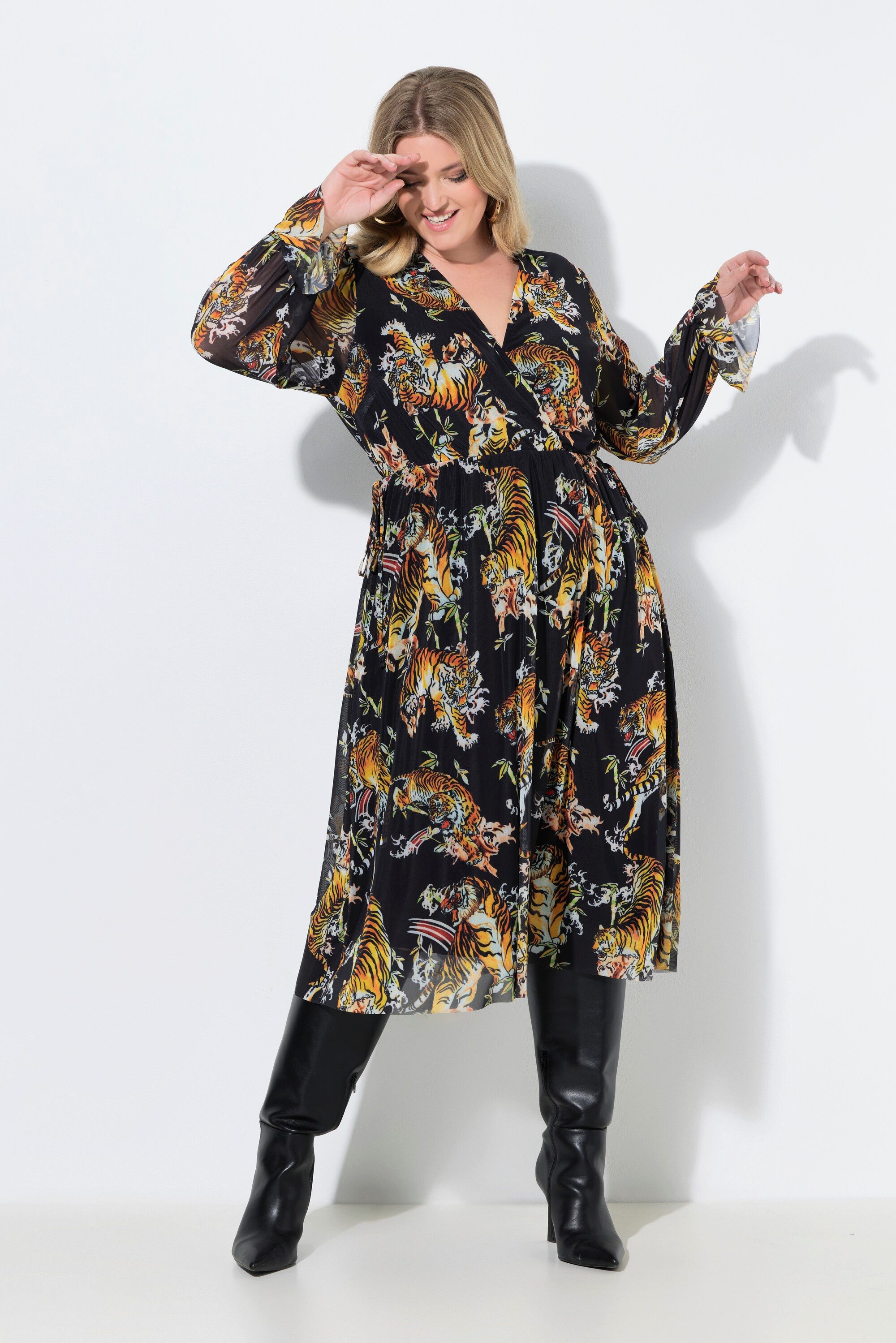 MIAMODA Jerseykleid Mesh-Midikleid A-Linie Tigerdruck Wickeleffekt