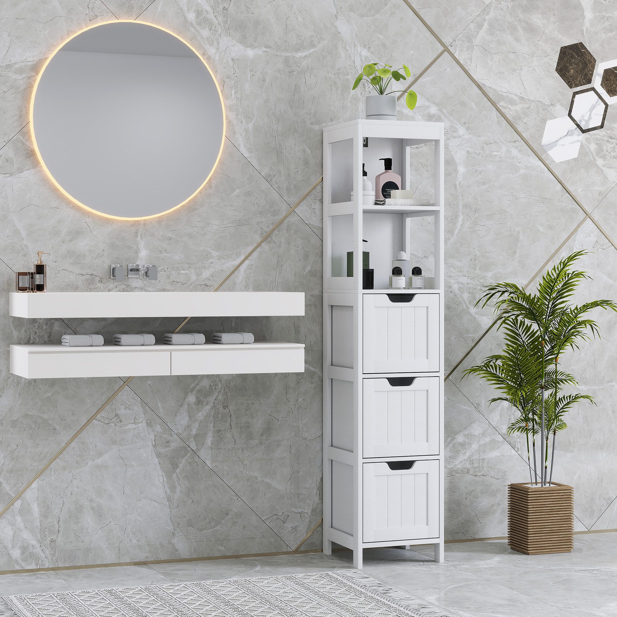 HOMCOM Badkommode Badezimmerschrank Hochschrank mit 3 Schubladen, 2 offenen Fächern (Hochschrank mit 3 Schubladen, 2 offenen Fächern, 1 St., Aufbewahrungsschrank für Badezimmer, Wohnzimmer), Weiß, 30 x 30 x 142,4 cm