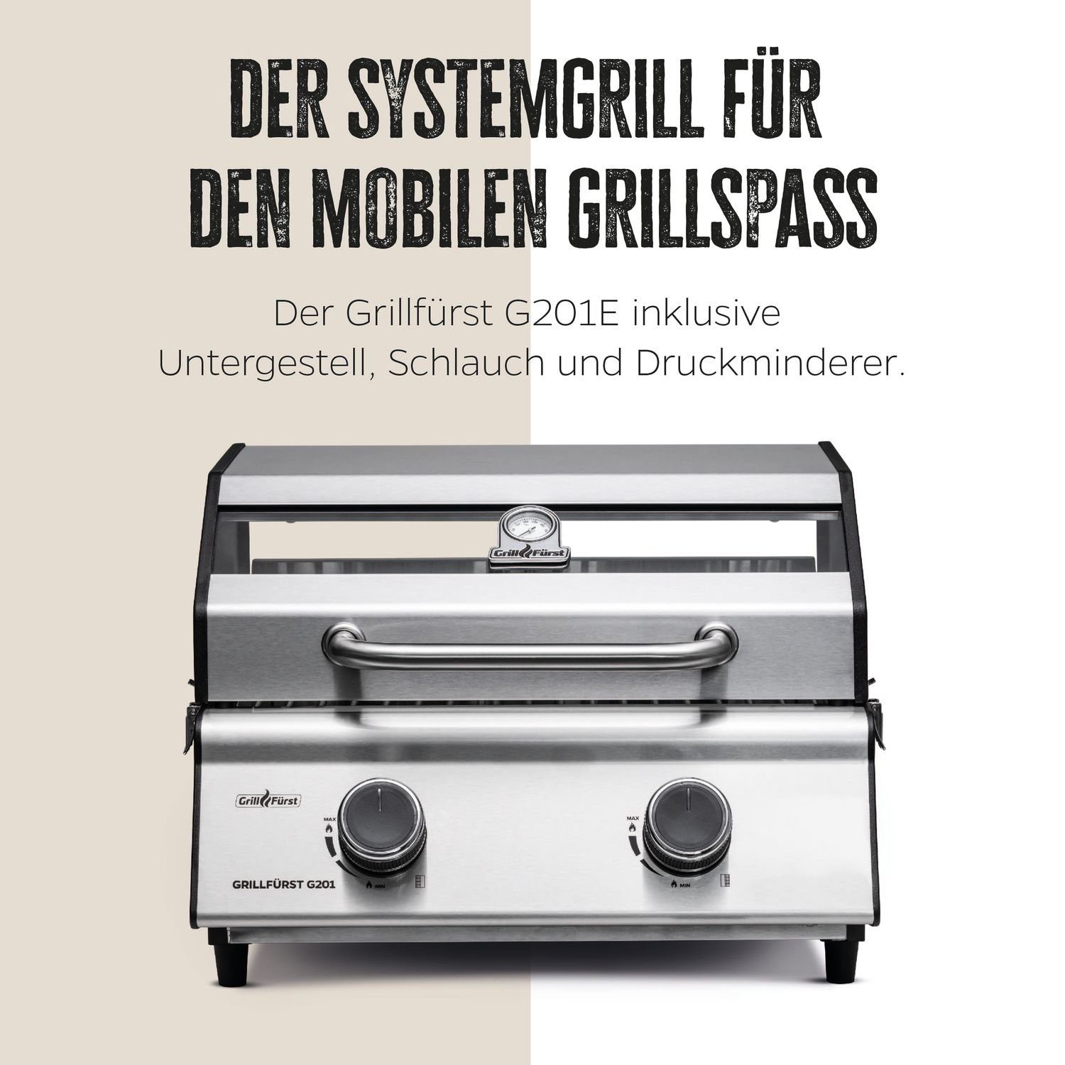 Grillfürst Camping-Gasgrill Grillfürst - 50mbar Gasgrill Campinggrill G201E 2-Brenner - inkl. portabel Untergestell / Balkongrill v2