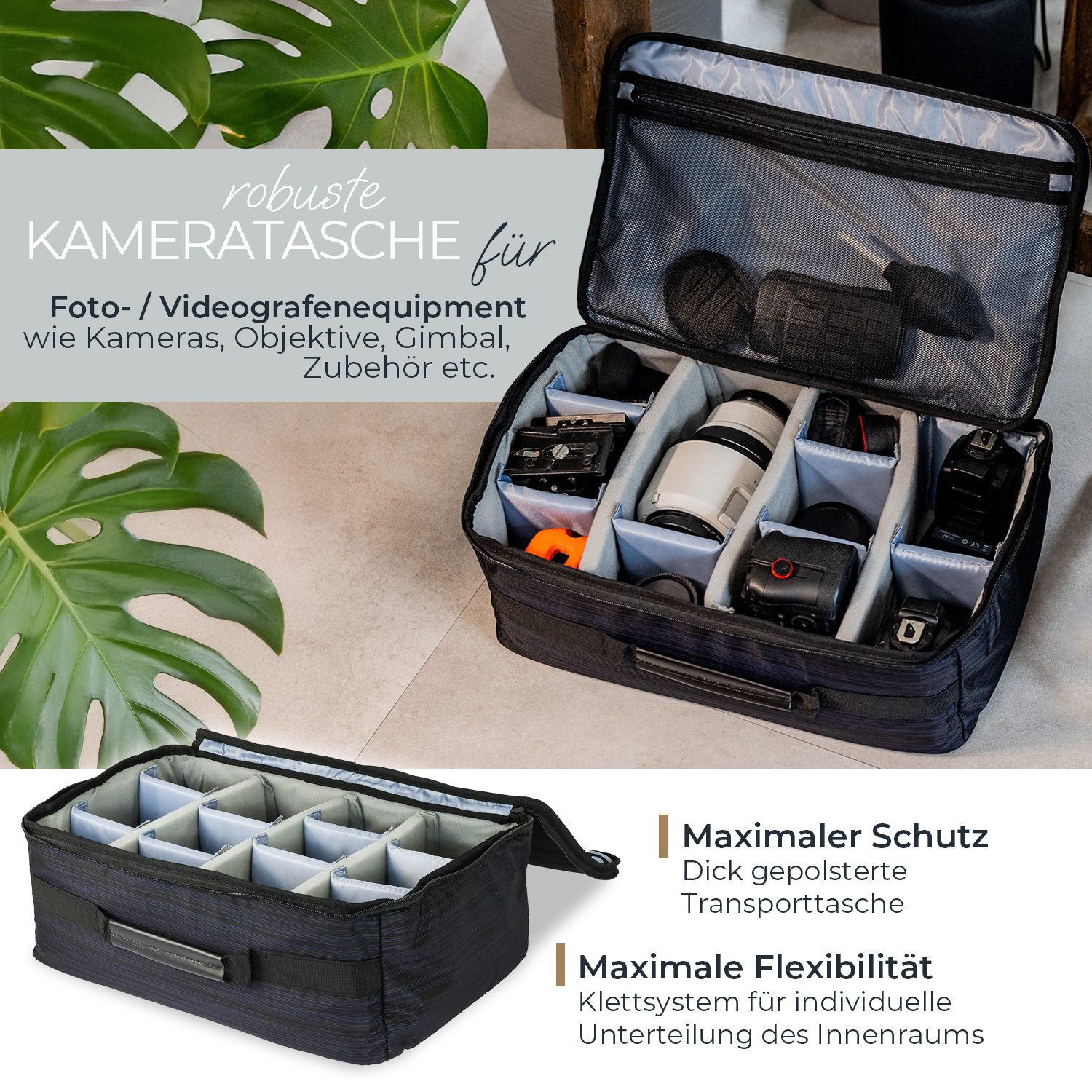 HMF Kameratasche Kameratasche groß, gepolsterte Fototasche mit variabler Facheinteilung, für DSLR/Spiegelreflex & Fotozubehör, 44 x 28 x 18 cm, Schwarz