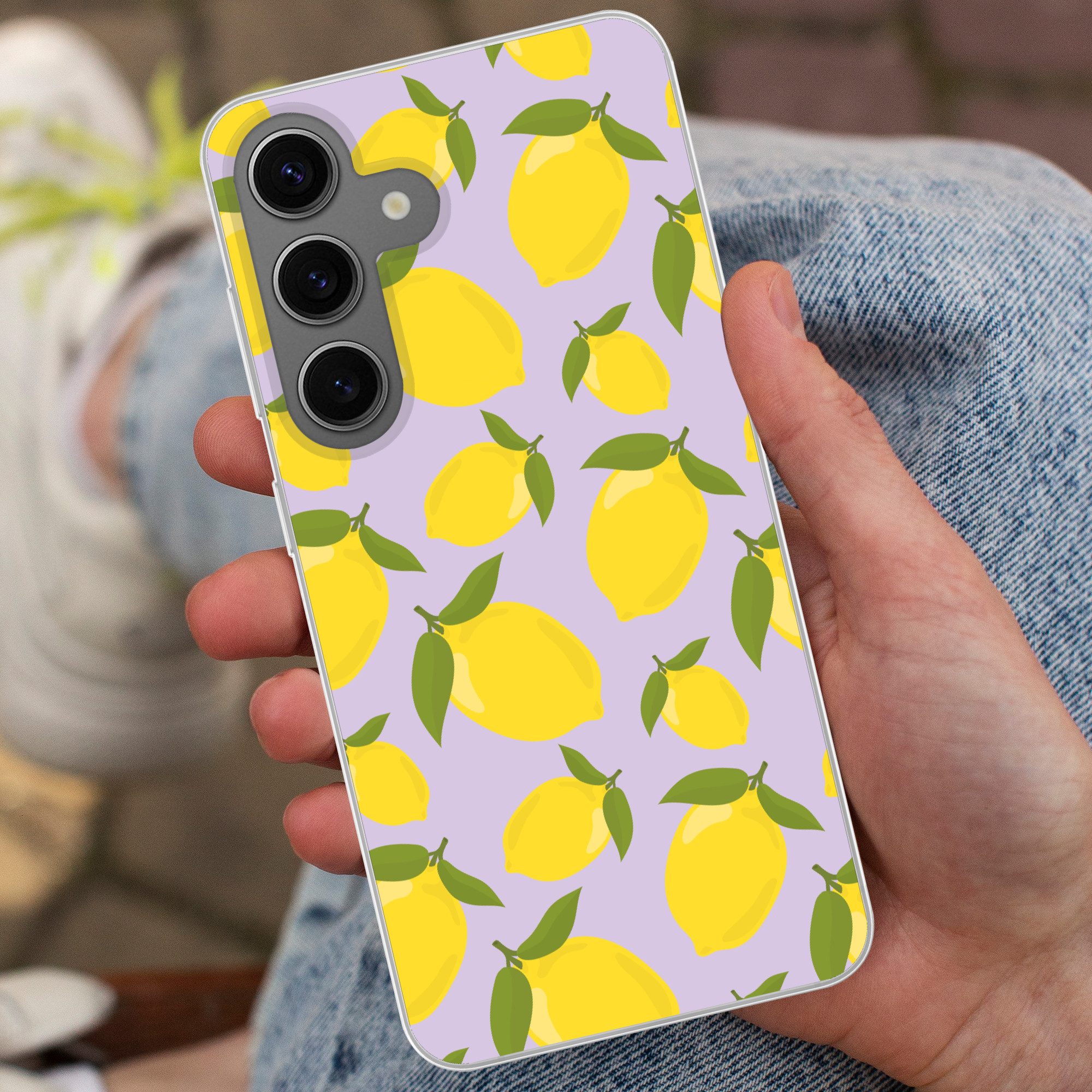 MuchoWow Handyhülle für Samsung Galaxy S24 Muster Zitronen - Gelb - Lila - Muster - Frücht, Phone Case, Silikon, Schutzhülle Dünn
