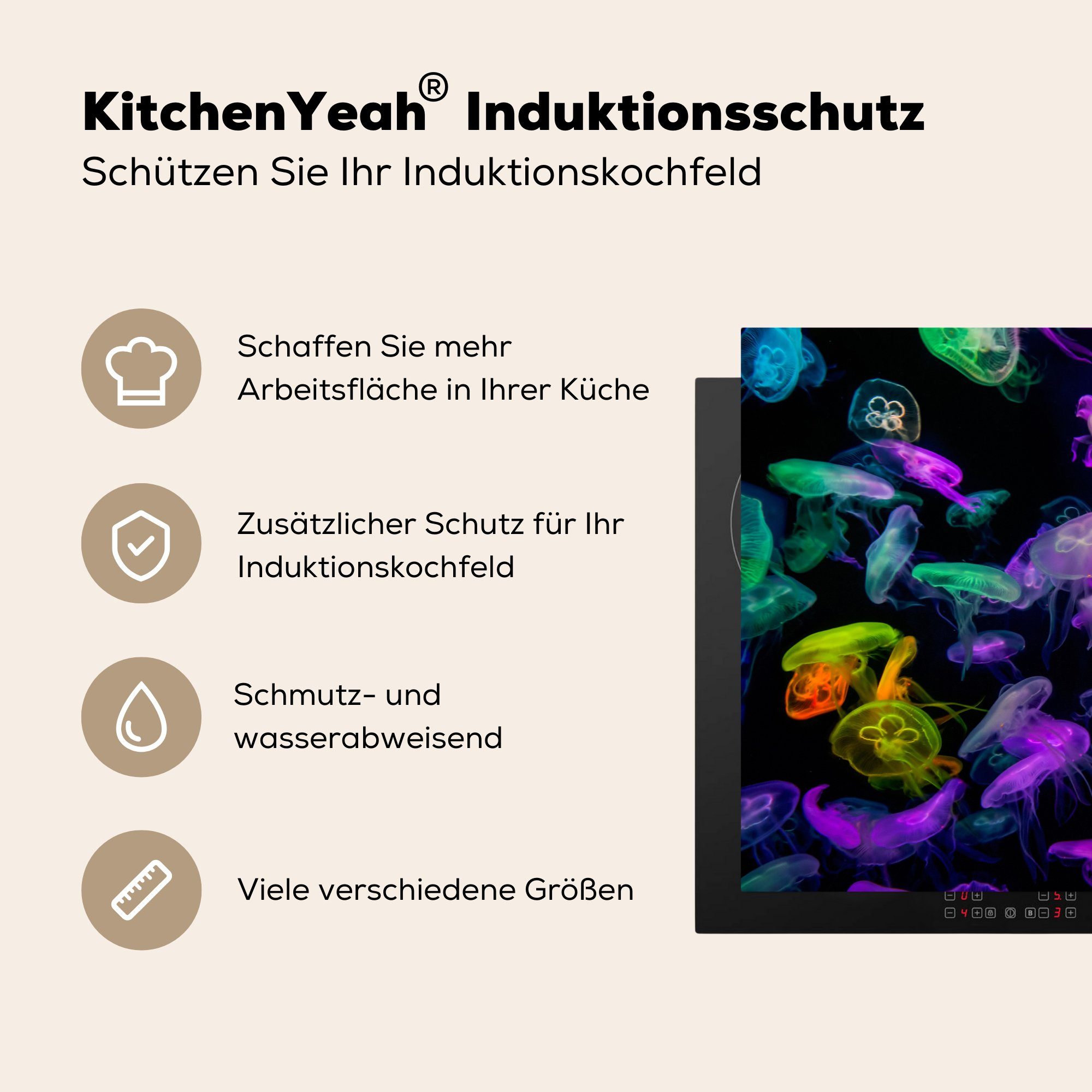 - - MuchoWow Induktionskochfeld Regenbogen Schutz Schwarz, Herdblende-/Abdeckplatte cm, küche, (1 81x52 Vinyl, Ceranfeldabdeckung die für Qualle tlg),