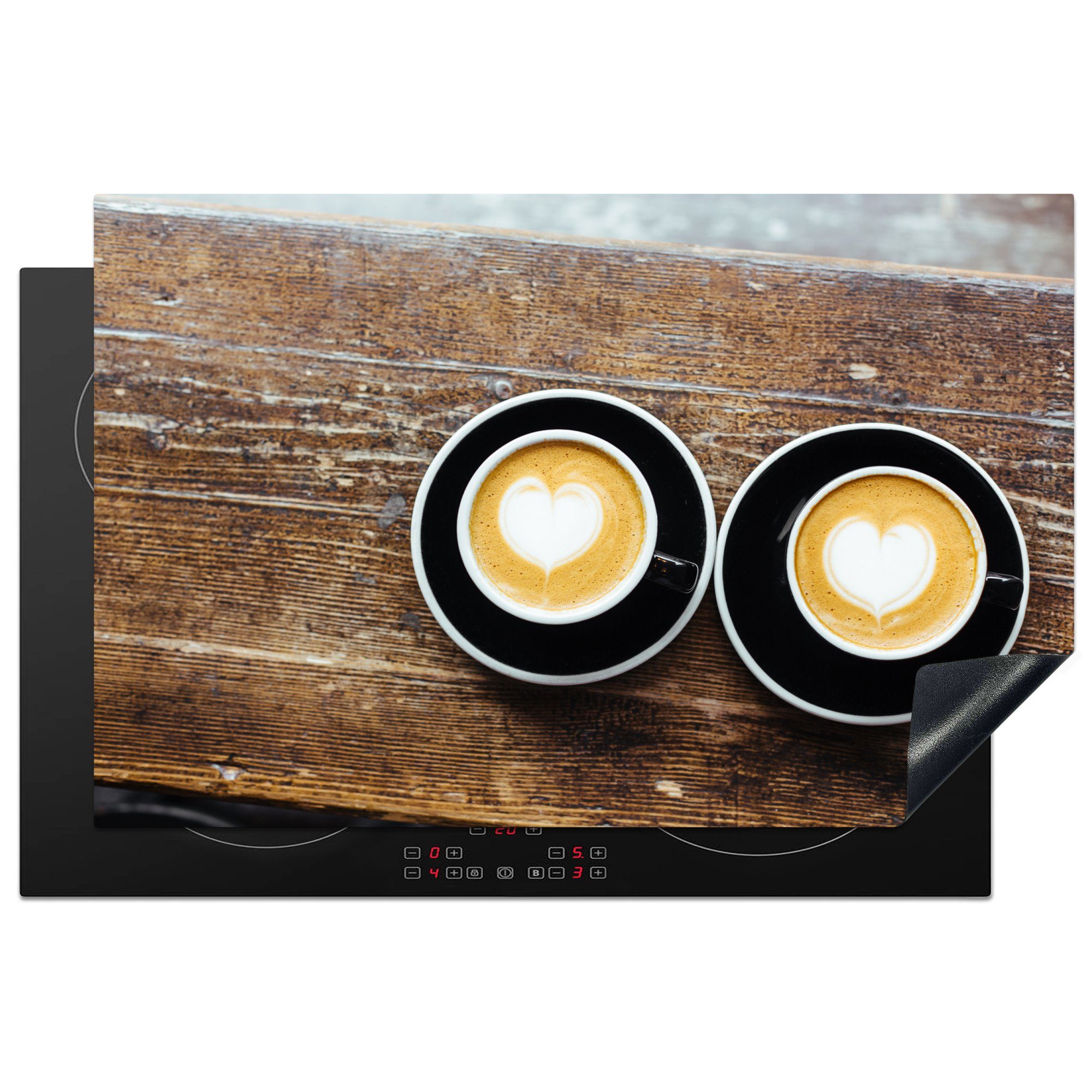 MuchoWow Herdblende-/Abdeckplatte Zwei Tassen Kaffee mit herzförmigem Schaum, Vinyl, (1 tlg), 81x52 cm, Induktionskochfeld Schutz für die küche, Ceranfeldabdeckung