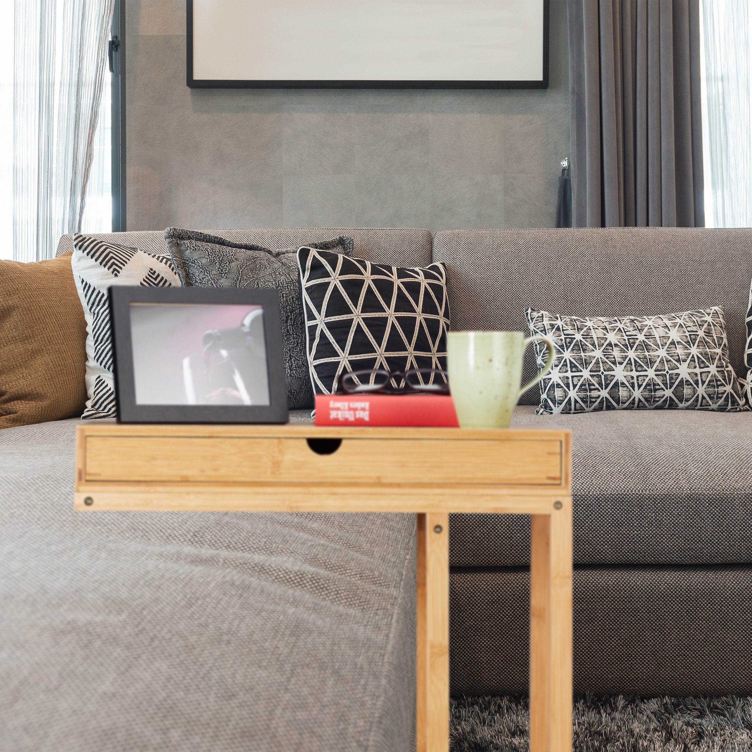 relaxdays Beistelltisch Bambus mit Schubfach