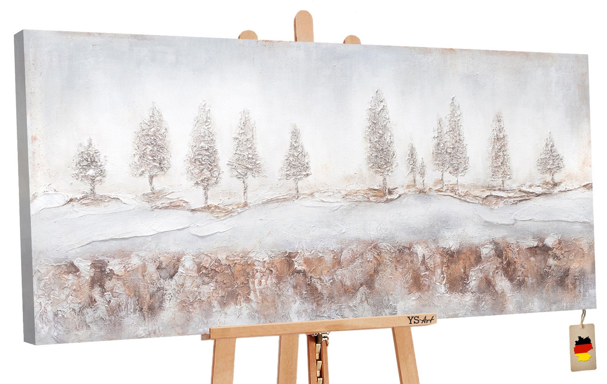 YS-Art Gemälde Nebelig, Landschaftsbilder, Wald Leinwand Bild Handgemalt Weiße Tannen