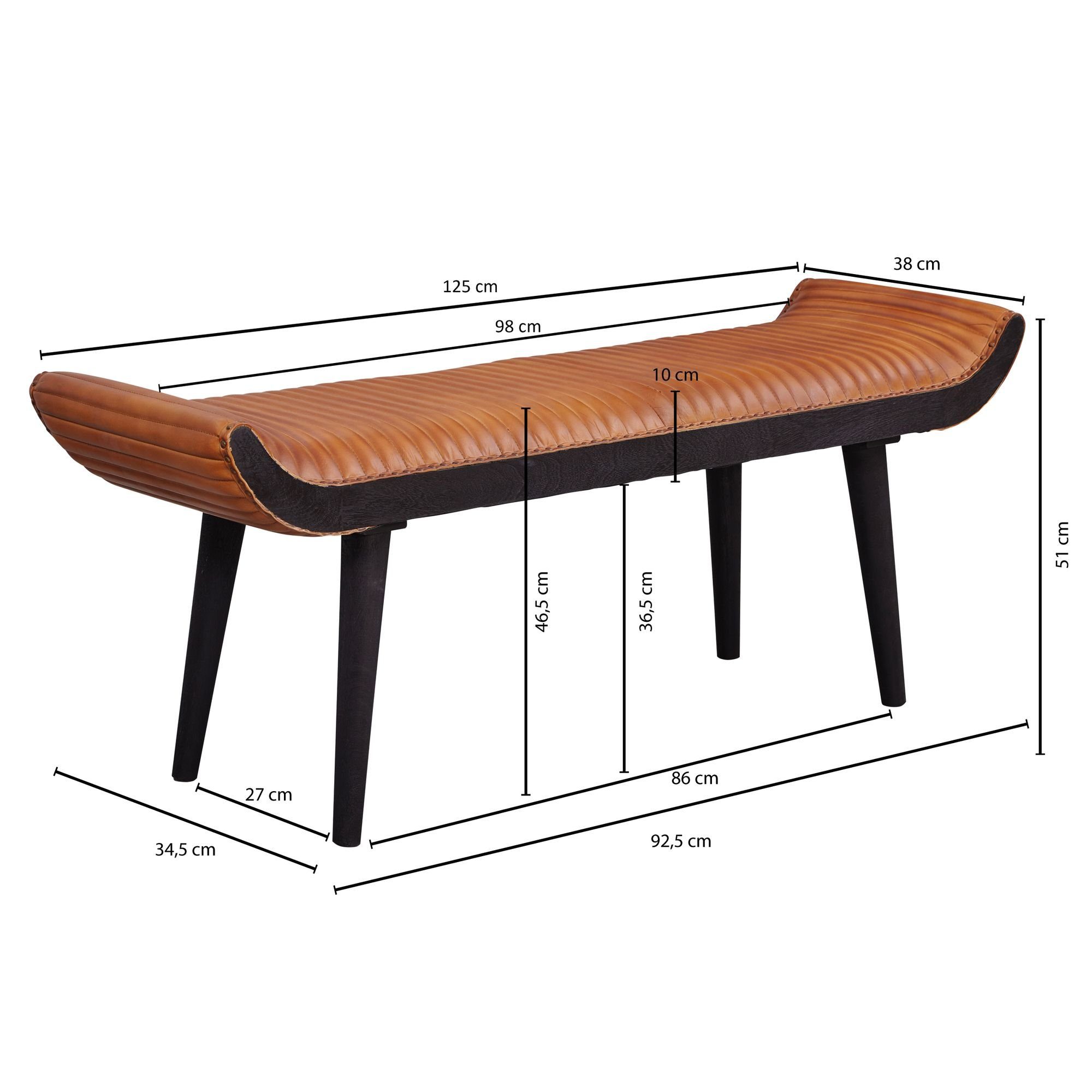 Wohnling Bettbank WL6.014 (Sitzbank Echtleder Flur, Polsterbank cm), Braun Lederbank 125x51x38 Design Modern Massivholz Bank