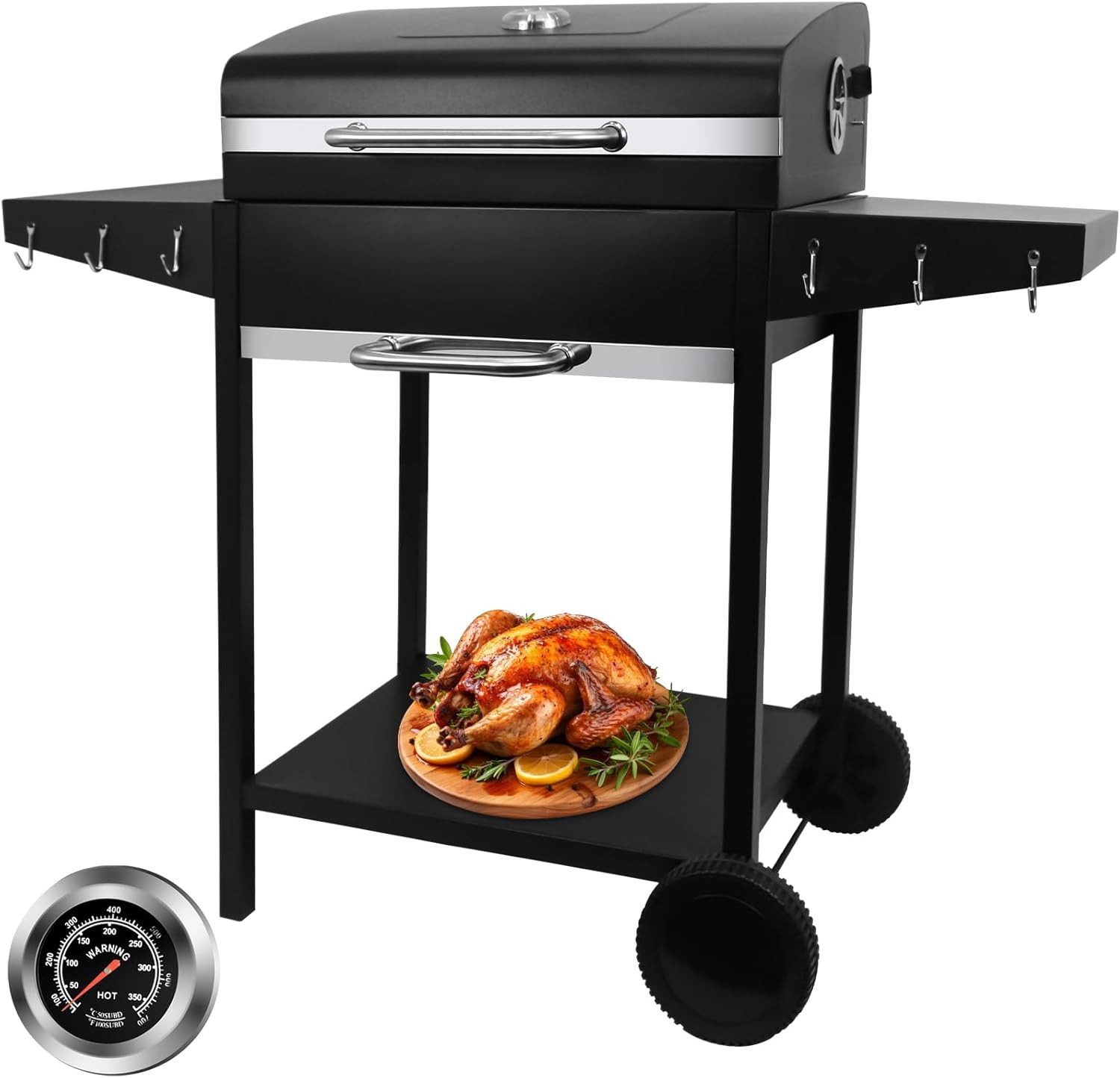 SunJas Holzkohlegrill XXL Grillwagen mit Deckel Thermometer und Doppel-Seitenablagen, Holzkohle Campingrill mit Rollen, Groß Kohle mobiler BBQ Grill für Garten und Outdoor-Veranstaltungen, Grillrostmaße 50 x 42 cm für 5-10 Personen