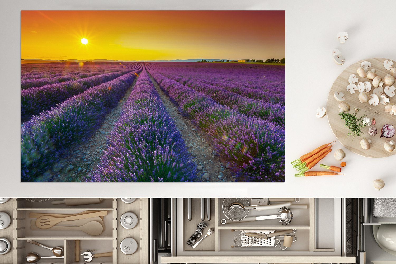 Vinyl, Herdblende-/Abdeckplatte MuchoWow Ceranfeldabdeckung Oranger Induktionskochfeld Lavendel, die einem voller tlg), küche, über für cm, (1 Schutz Sonnenuntergang Feld 81x52