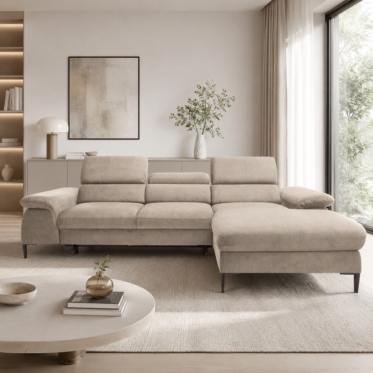 Goldstoff Schlafsofa LARGO Ecksofa mit Schlaffunktion und Stauraum - Sofa L-Form, Couch mit Schlaffunktion und Bettkasten, Einstellbare Kopfstützen