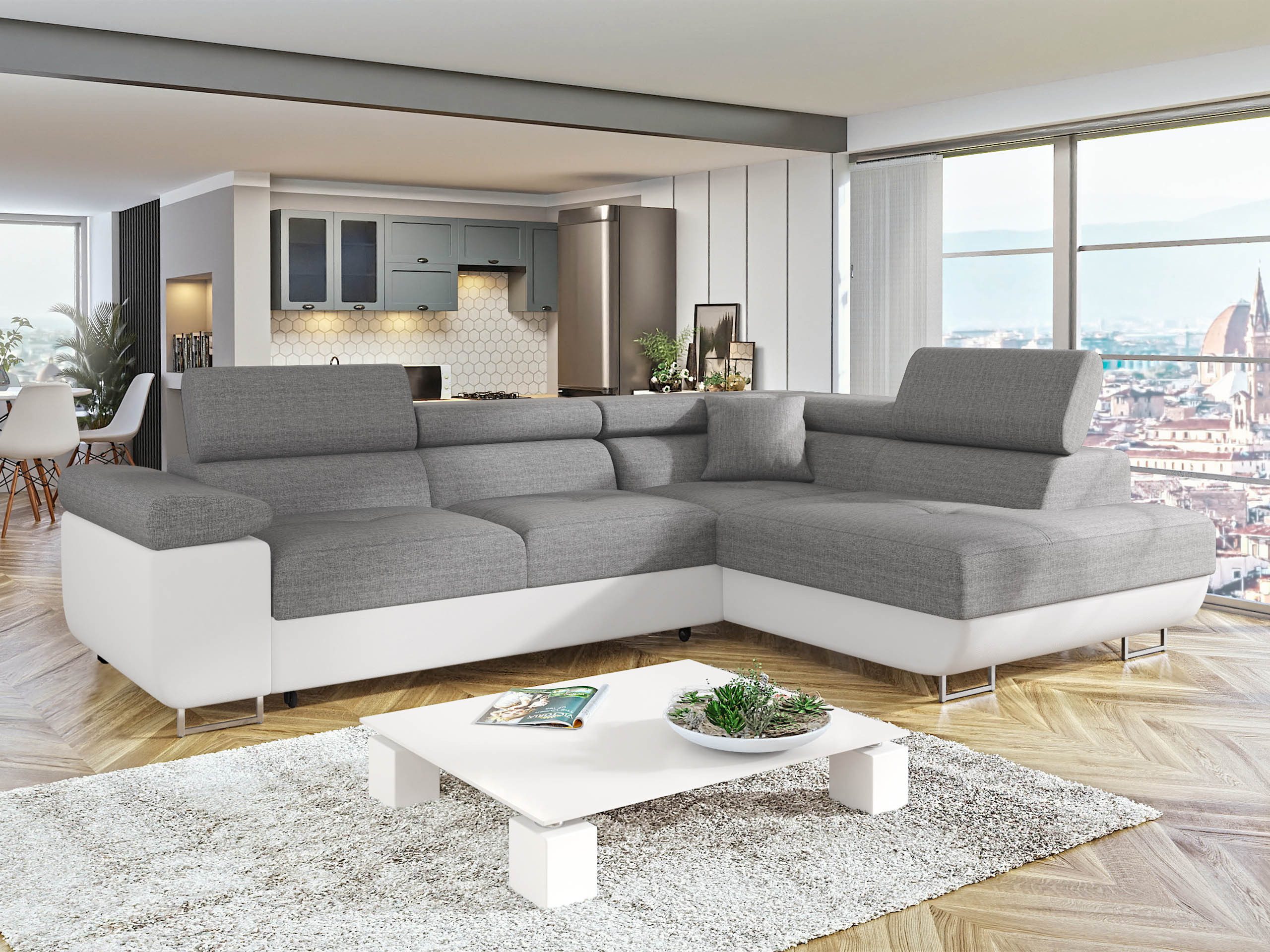 MIRJAN24 Ecksofa Torezio, mit Bettkasten und Schlaffunktion, Einstellbare Kopfstützen, 274x203x70-90 cm