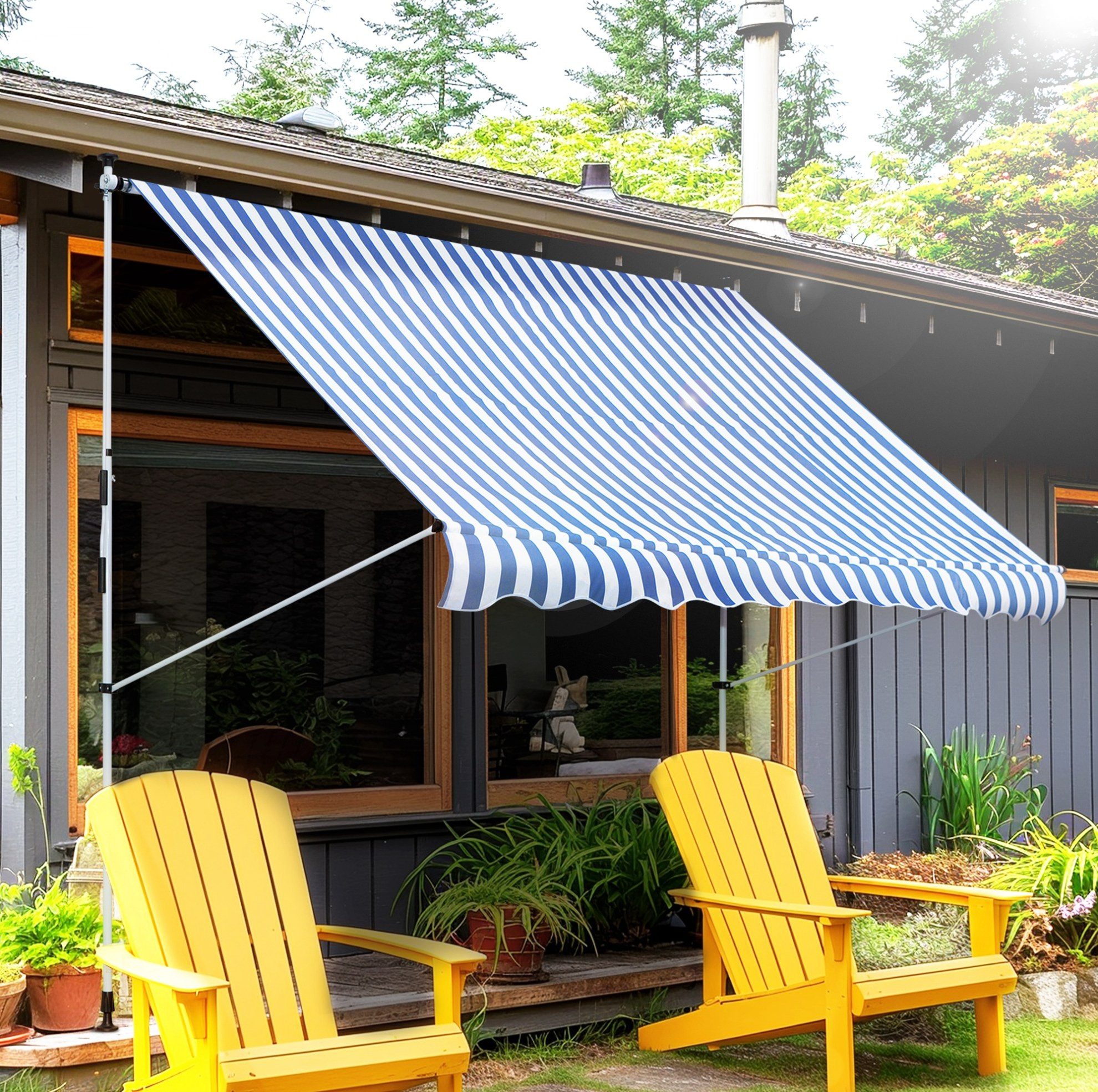 REDOM Markise Balkonmarkise 300x150 cm Blau Weiß Alu Sonnenschutz mit Handkurbel (Packung, 1-St., Leichtes Aluminiumgestell, pflegeleichtes Polyester für Outdoor) Flexibel einstellbar 170-280 cm Höhe, geeignet für Balkon und Garten