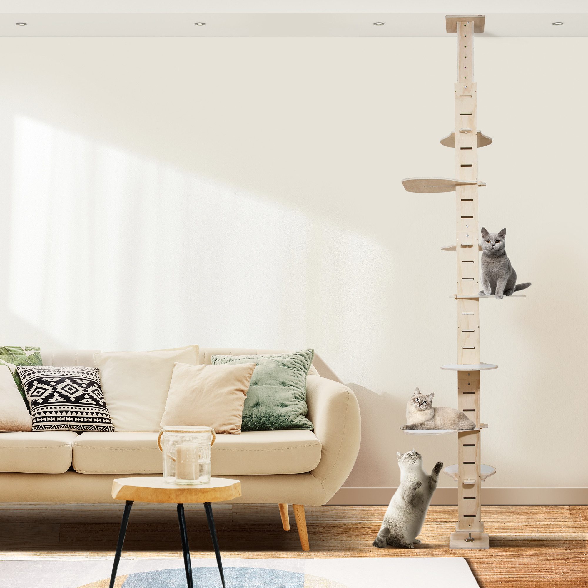 FURPAL Kratzbaum Natürliches 7-Ebenen Holz-Kletterparadies für aktive Hauskatzen, aus Fichten-MDF-Platten, Von 250 cm auf 291 cm anpassbar
