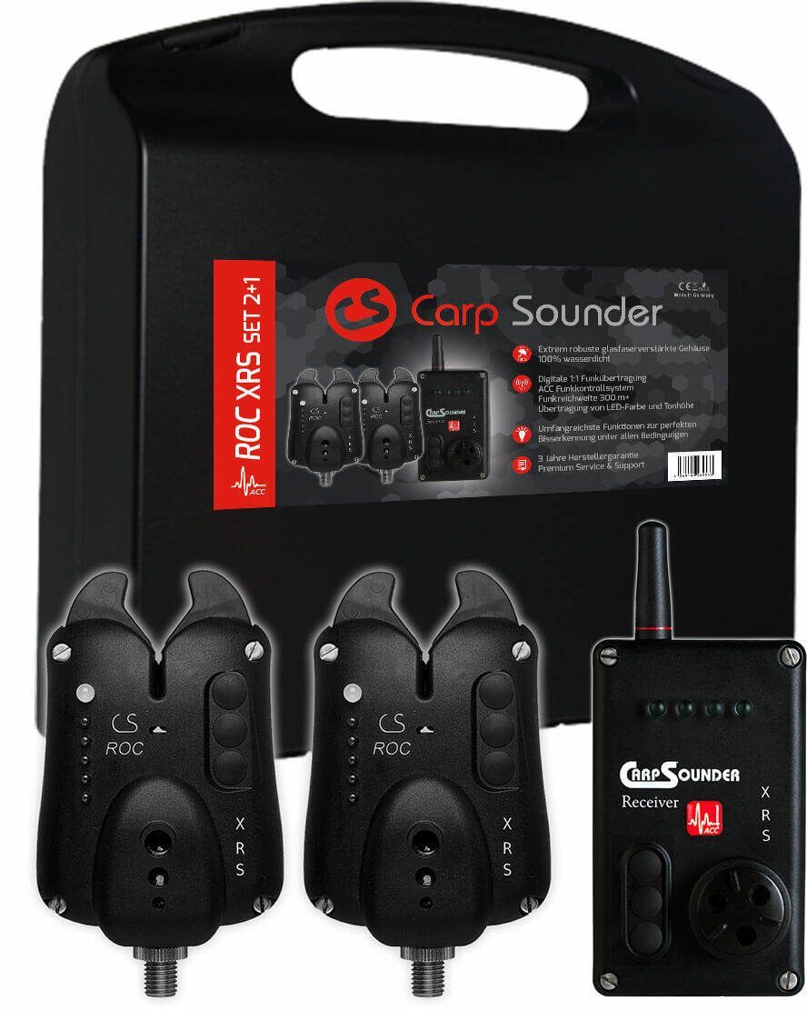 Carp Sounder elektronischer Bissanzeiger Carp Sounder ROC XRS ACC Bissanzeiger-Set 2+1 versch. Farben, (Lieferumfang: 2 Stück ROC XRS ACC Funkbissanzeigern, 1 RS ACC Receiver, Transportkoffer mit passender Schaumstoffeinlage)