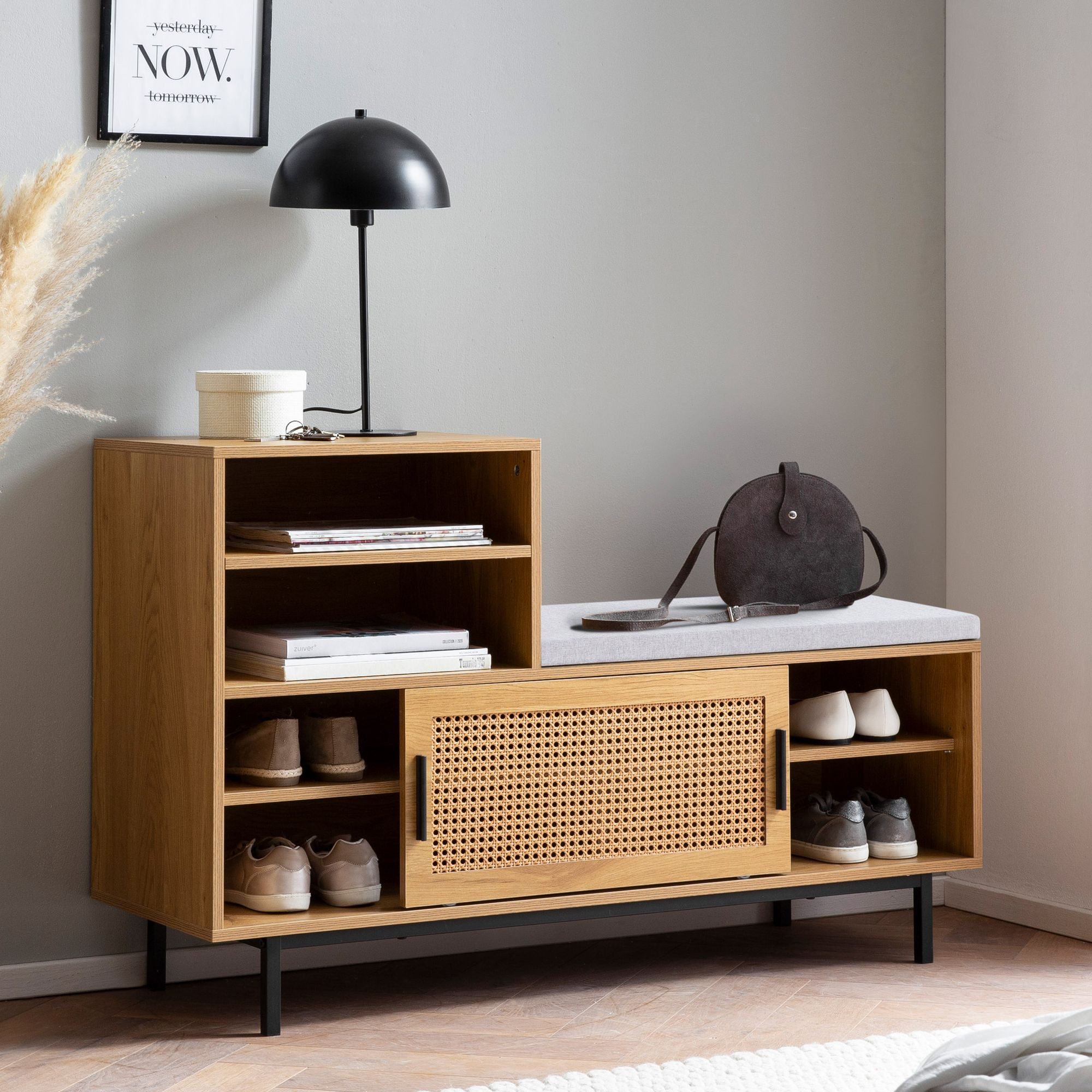furnicato Schuhschrank Garderobenbank mit Wiener Geflecht 120x75,5x40 cm Eiche Grau Höhenverstellbare Regalfächer Sitzbank mit praktischer Schiebetür
