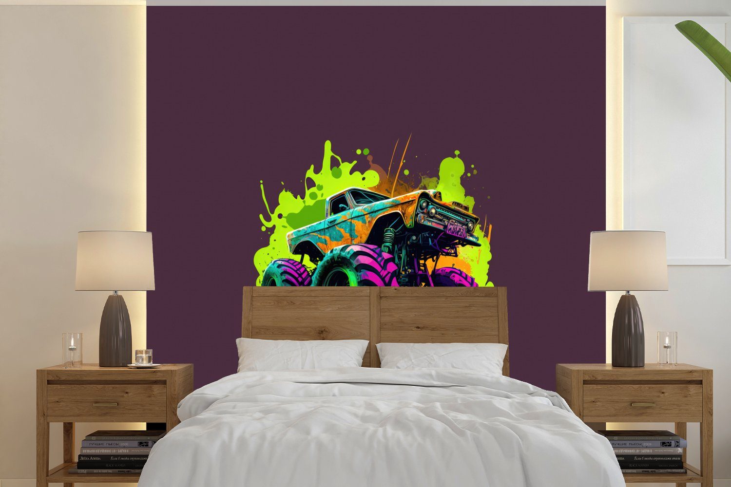 MuchoWow Fototapete Monstertruck - Grün Design, für bedruckt, - Schlafzimmer St), Matt, - Küche, Auto Fototapete (4 Neon - Vliestapete Wohnzimmer