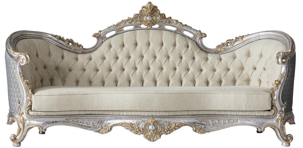 Casa Padrino Sofa Luxus Barock Wohnzimmer Sofa mit dekorativen Kissen Creme / Blau / Silber / Gold 250 x 95 x H. 125 cm - Edel & Prunkvoll