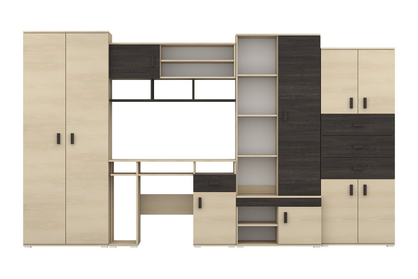 Deine Möbel 24 Jugendzimmer-Set NICO Wohnwand 350 cm mit Schreibtisch – Große Jugendzimmer, (Set, 1-tlg., Wohnwand Jugendzimmer in Esche / Eiche Canterbury Optik), inkl. Kleiderschrank, Regalen, Schubladen & Arbeitsplatz
