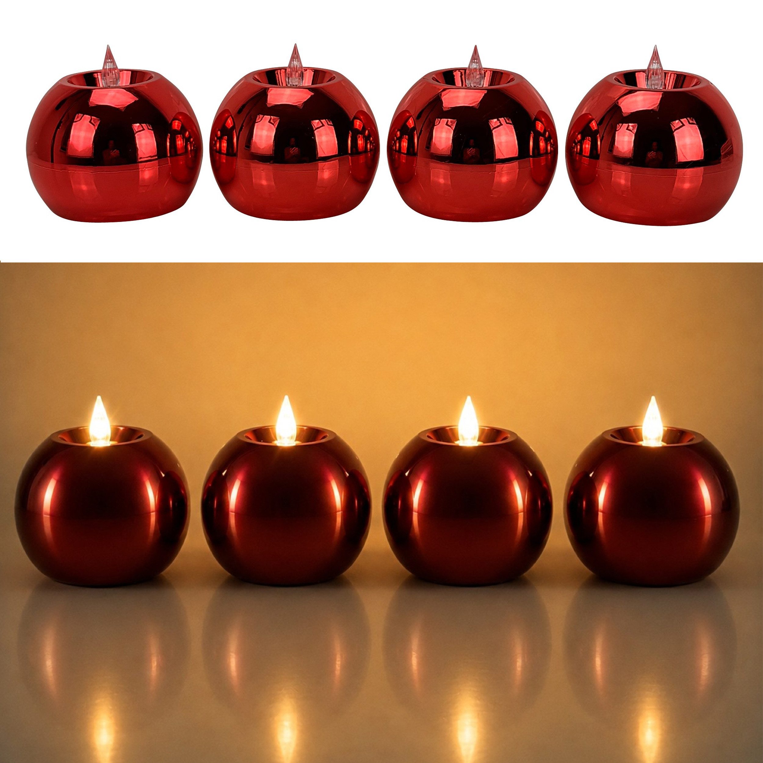 Online-Fuchs LED-Kerze 4 runde Kugelkerzen mit Timer & Spiegeleffekt - Outdoor geeignet, realistische Kerzenflamme aus Acrylglas, warmweiße Beleuchtung, praktische 6-Stunden Timerfunktion enthalten