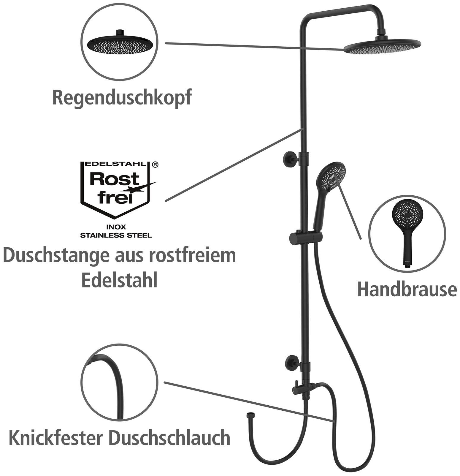 WENKO Duschsystem Watersaving, 3 Strahlart(en), Chrome, höhenverstellbare Duschstange von 75-120cm