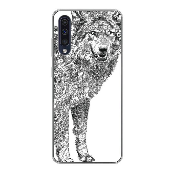 MuchoWow Handyhülle Wolf - Weiß - Skizze Handyhülle Samsung Galaxy A30s Smartphone-Bumper Print Handy
