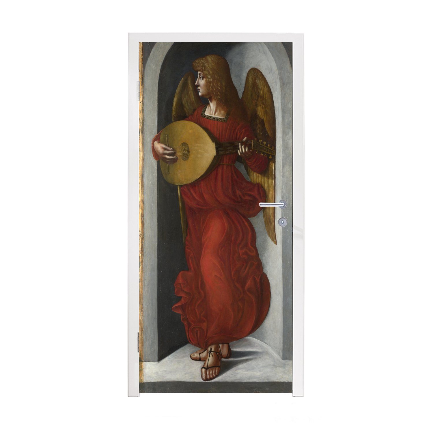 Vinci, Tür, für Türtapete Türaufkleber, bedruckt, Ein 75x205 Leonardo mit Laute einer St), in da MuchoWow Fototapete Rot cm Engel - Matt, (1