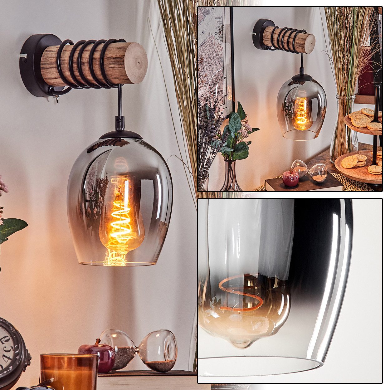 hofstein Wandleuchte Wandlampe aus Holz/Metall/Glas in Natur/Schwarz/Chrom/Rauch/Klar, ohne Leuchtmittel, Glasschirm u. An/-Auschalter am Gehäuse, 1x E27, ohne Leuchtmittel