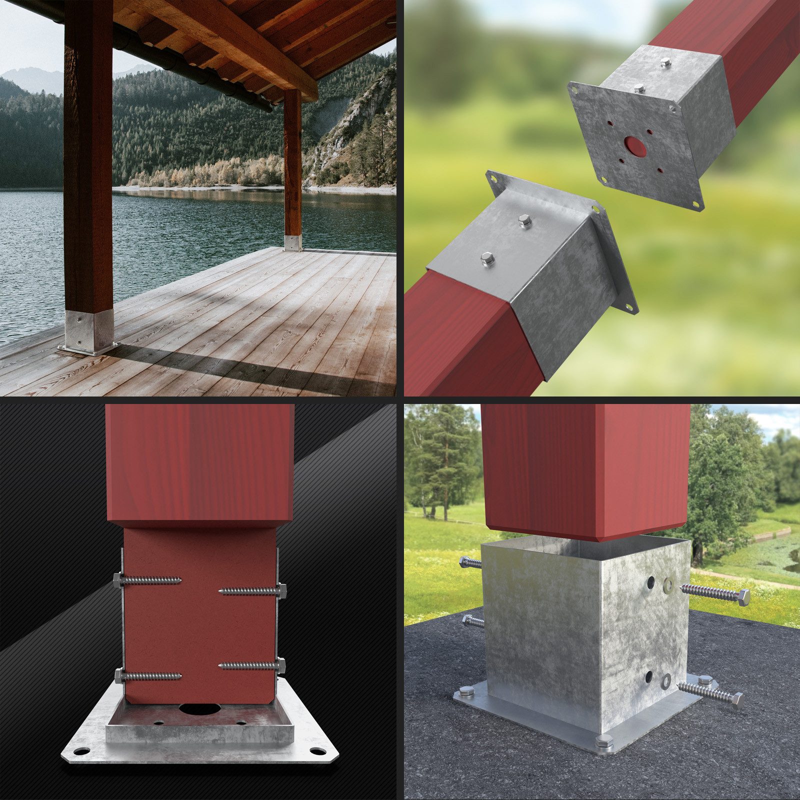 SO-TECH® Pfostenträger für Vierkantholz, zum Aufschrauben, aus Stahl feuerverzinkt, (Spar-Set, 2-St), Höhe 122 mm, Terrasse Gartenpfosten 50 x 50 mm mit Schraub – Bild 5 von 5