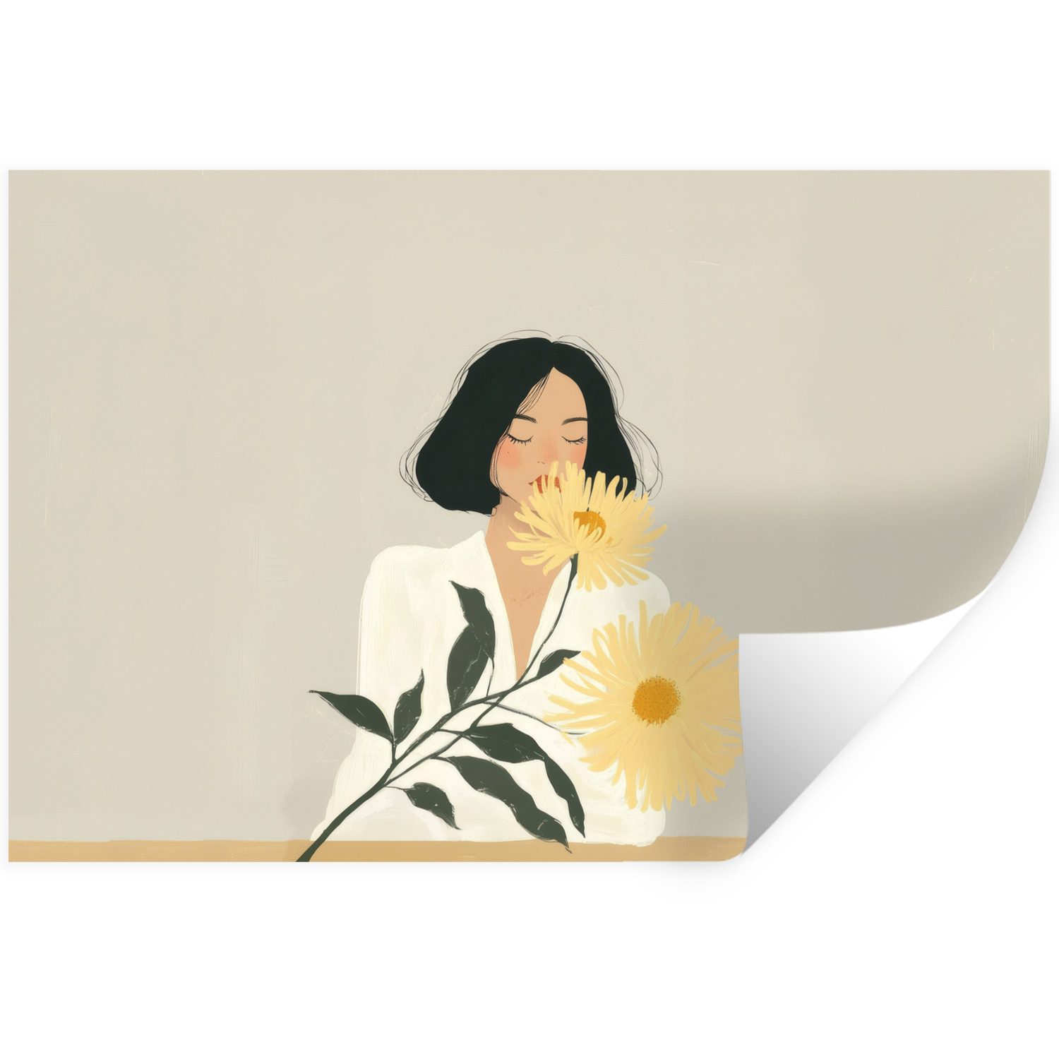 MuchoWow Wandsticker Frau - Blume - Gelb - Minimalistisch (1 St), Wandtattoo, Selbstklebend, Wohnzimmer, 30x20 cm