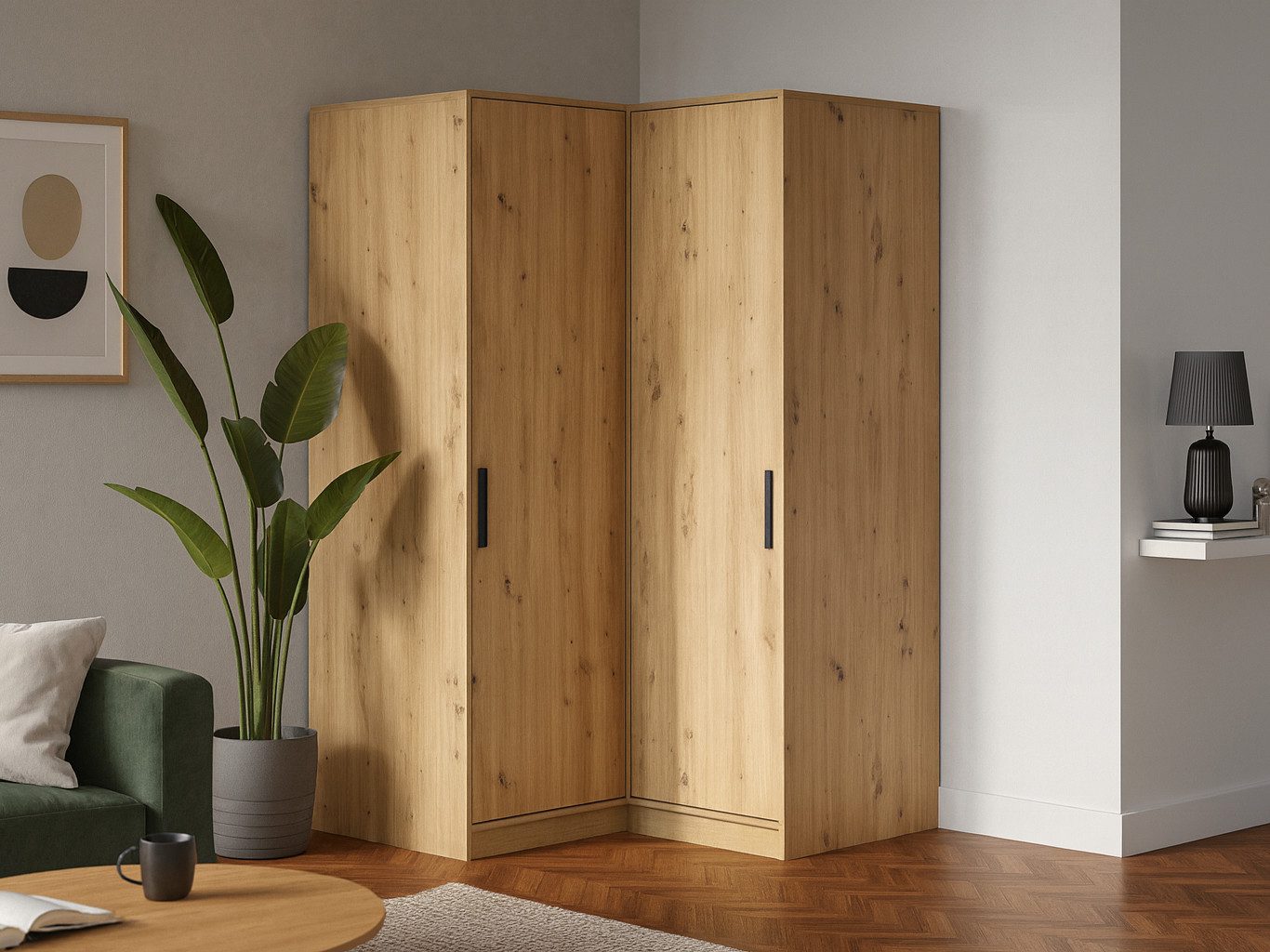 Beautysofa Eckschrank mit 2 Drehtüren, 2 Kleiderstangen und Regale KIRA (Eiche Artisan) Breite: 108 cm
