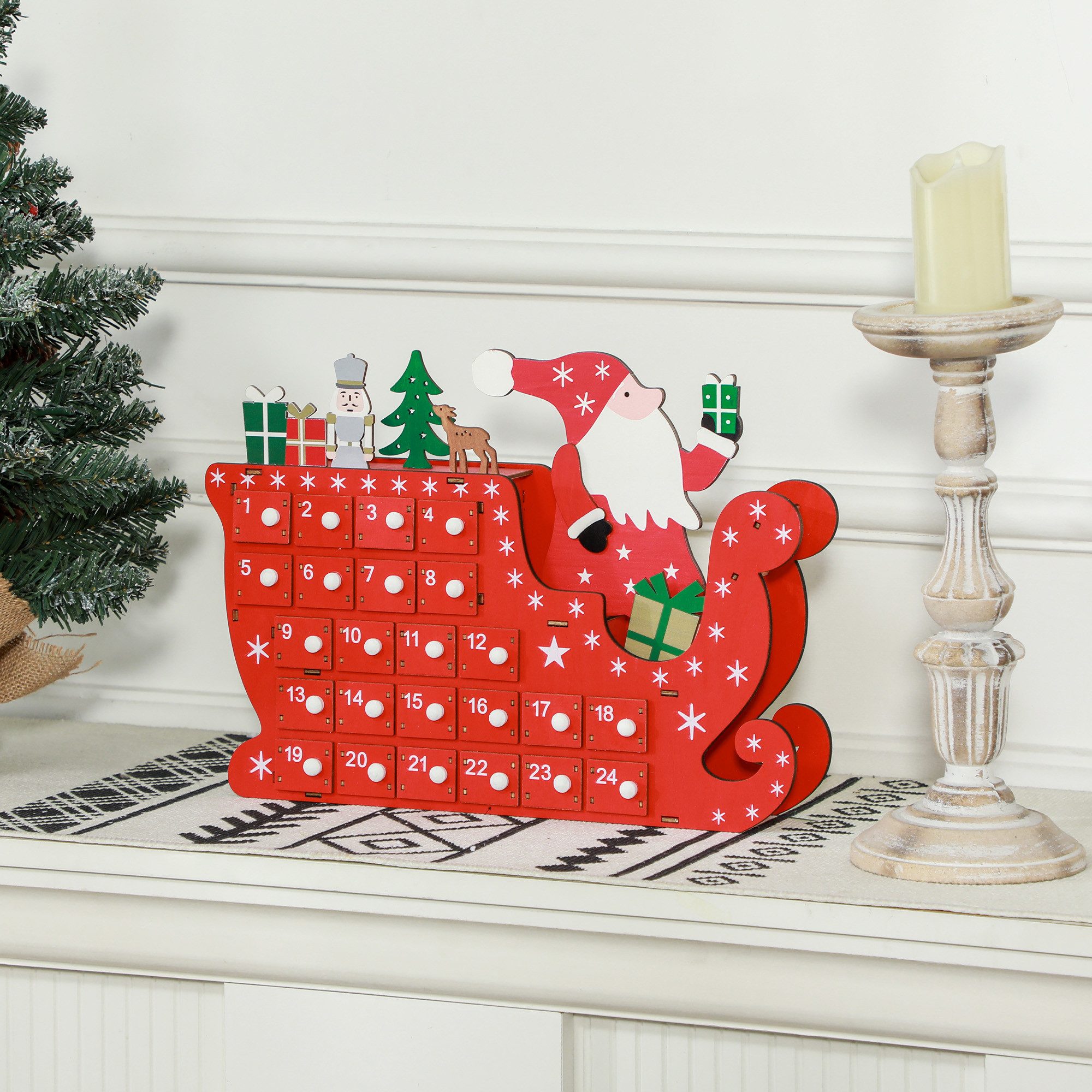 HOMCOM Weihnachtsdorf Adventskalender Befüllen 24 Schubladen Fächer Weihnachtskalender, MDF-Platte Rot 22,5 x 8 x 36 cm