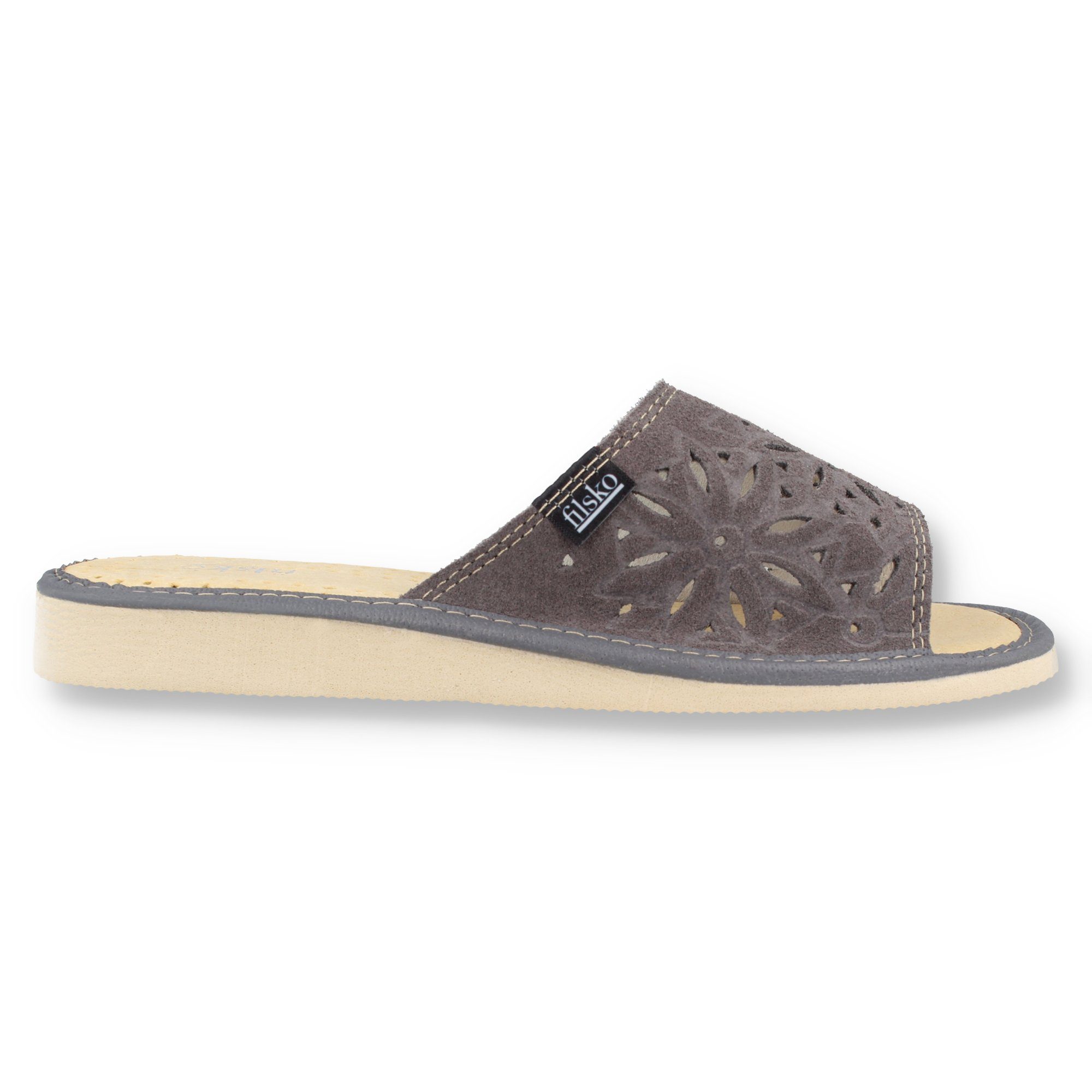 filsko Zafra Damen Hausschuh Veloursleder mit Blumenmuster, offene Pantoletten, Slip-On