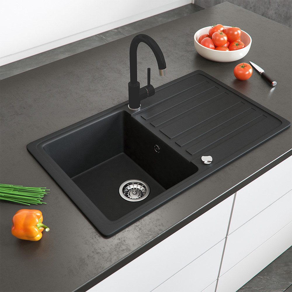 Bergstroem Granitspüle, Schwarz, 76 x 46 cm mit Armatur Schwarz, Rechteckig, 76.5/46 cm, Spüle mit Armatur, (1 St)